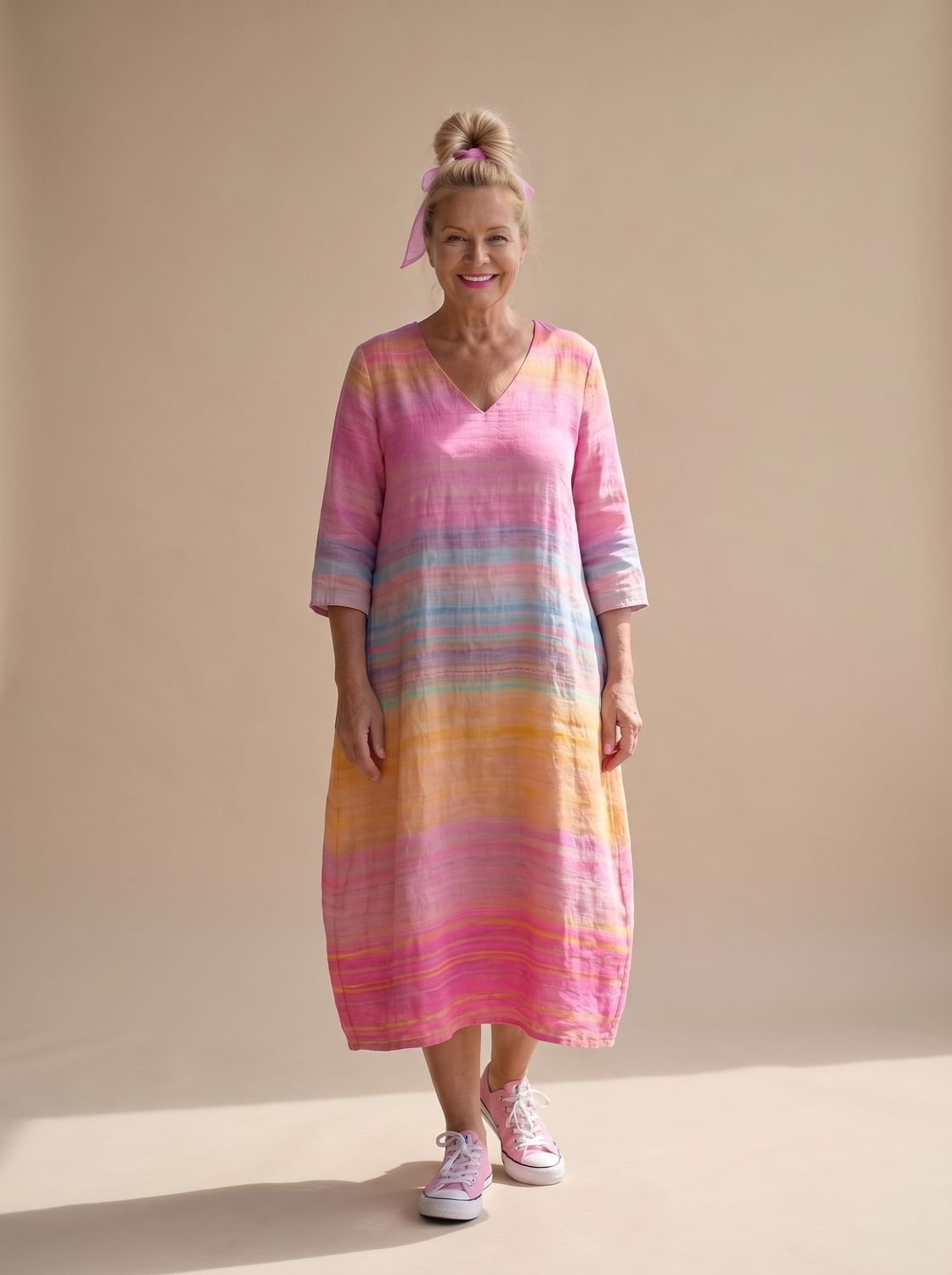 Women's Relaxed V-Neck Gradient Stripe Midi Dress