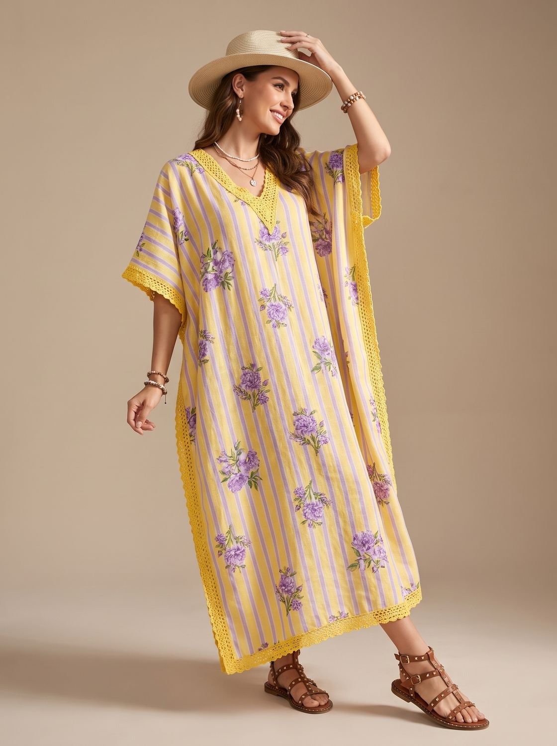 Women's Relaxed V-Neck Half-Sleeve Striped Floral Maxi Kaftan Dress