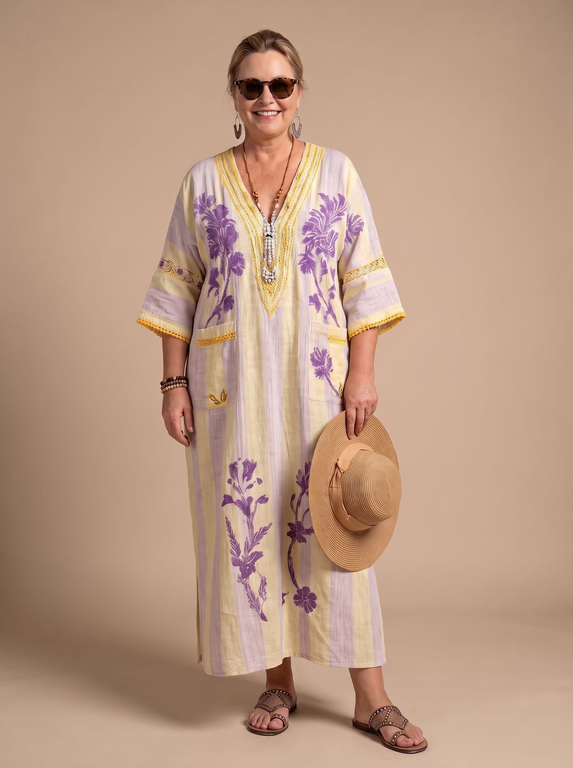 Women's Relaxed V-Neck Half-Sleeve Striped Floral Maxi Kaftan Dress
