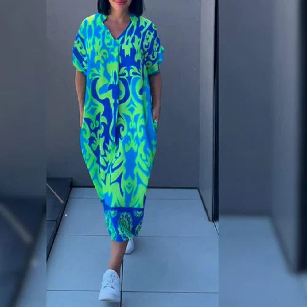 Women's Relaxed V-Neck Printed Floral Summer Dress Maxi