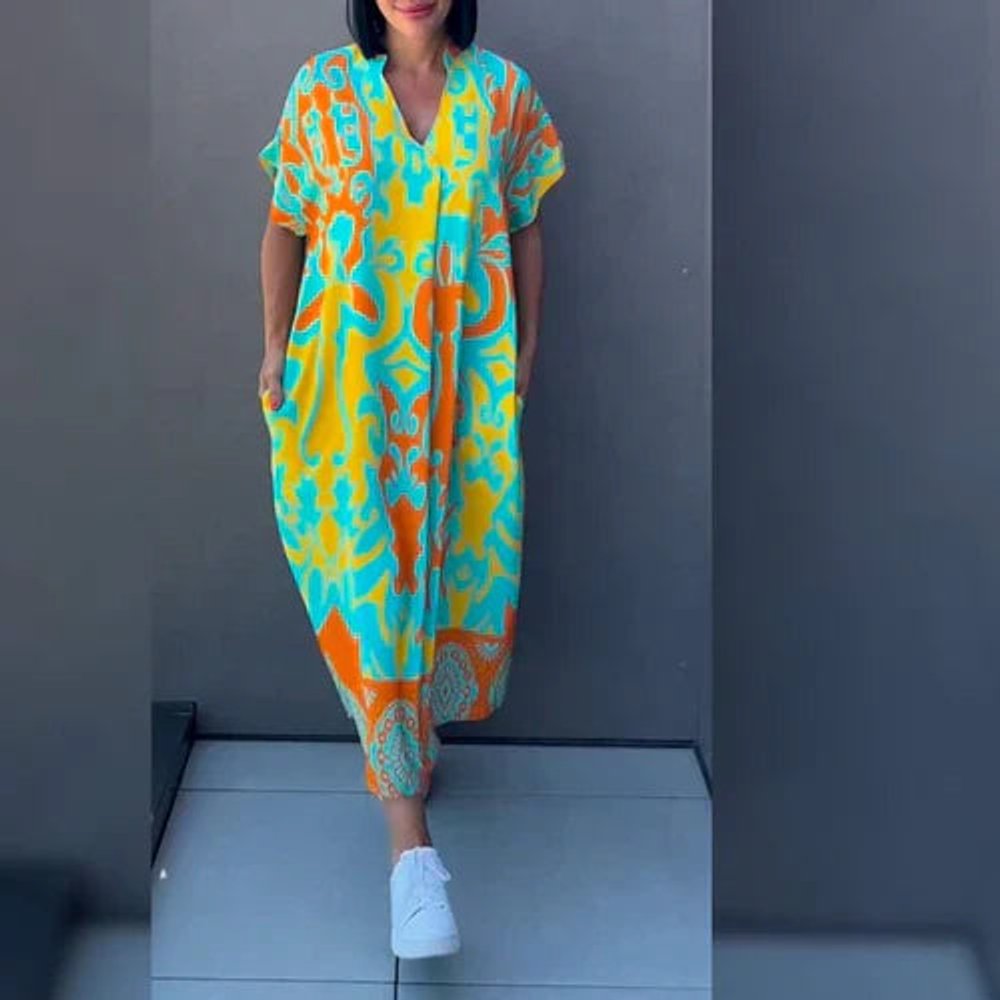 Women's Relaxed V-Neck Printed Floral Summer Dress Maxi - Green