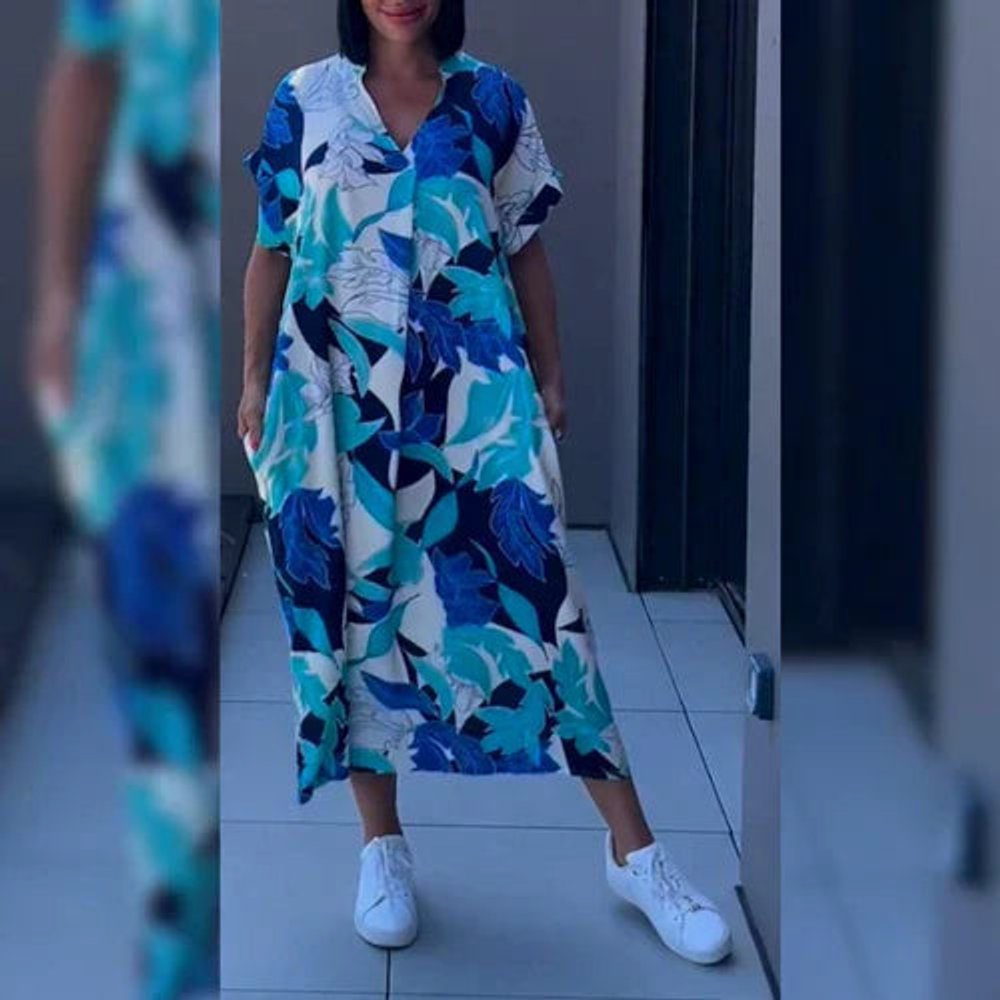 Women's Relaxed V-Neck Printed Floral Summer Dress Maxi - Blue