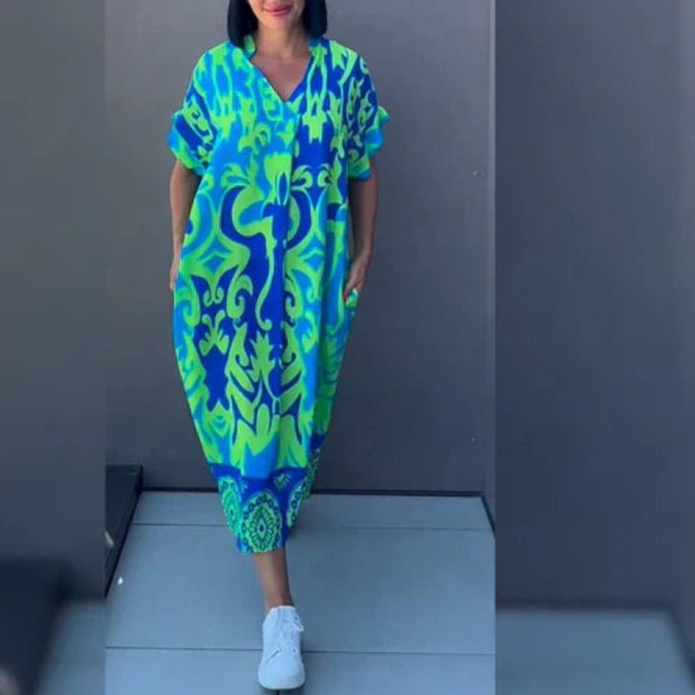 Women's Relaxed V-Neck Printed Floral Summer Dress Maxi - Azure Blue