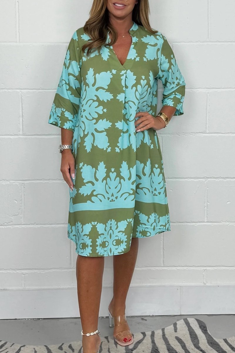 Women's Relaxed V-Neck Printed Summer Dress - Green