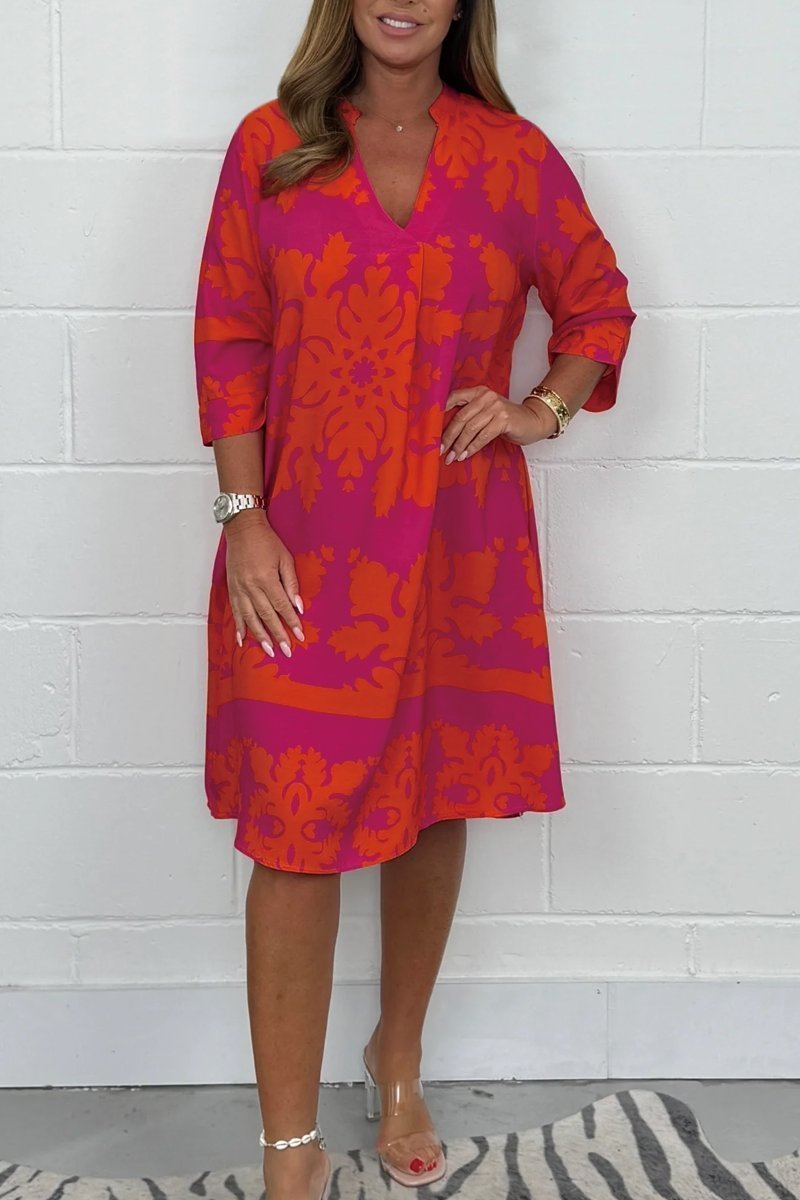 Women's Relaxed V-Neck Printed Summer Dress - Red