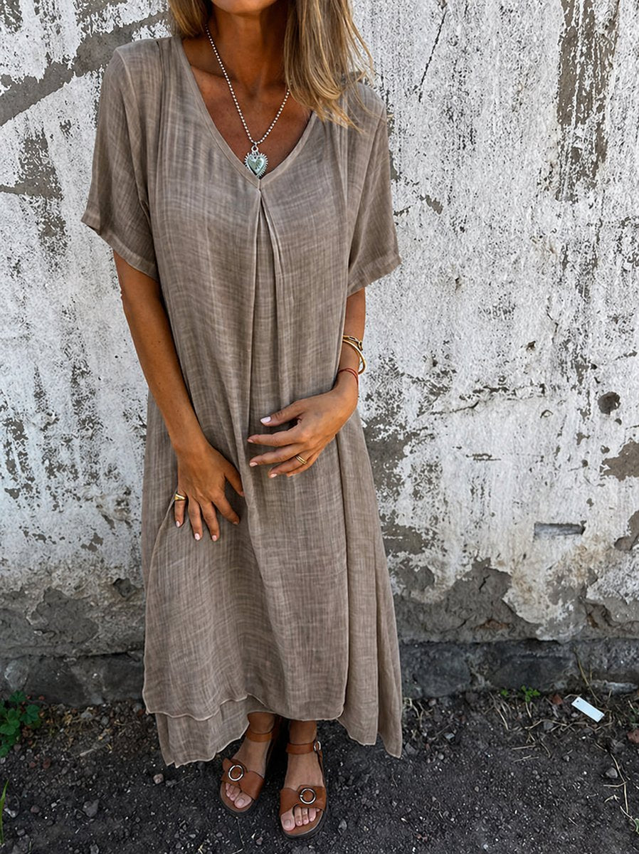 Women's Relaxed V-Neck Short Sleeve Flowy Maxi Dress - Beige