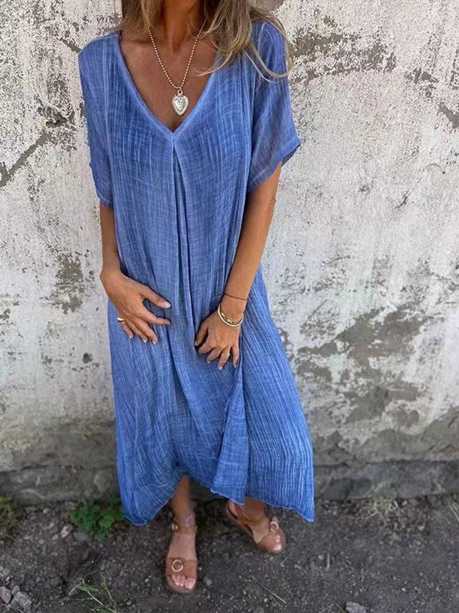 Women's Relaxed V-Neck Short Sleeve Flowy Maxi Dress - Blue