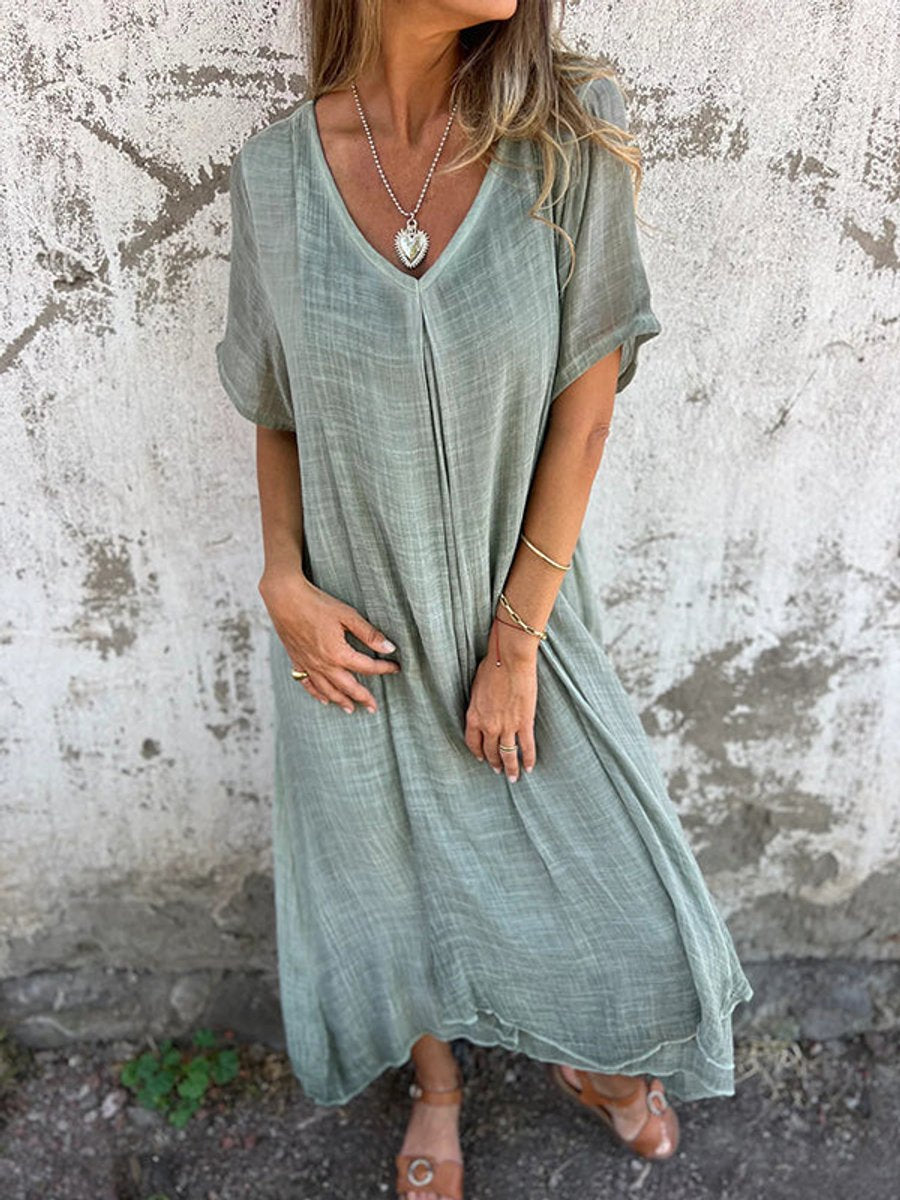 Women's Relaxed V-Neck Short Sleeve Flowy Maxi Dress - Green