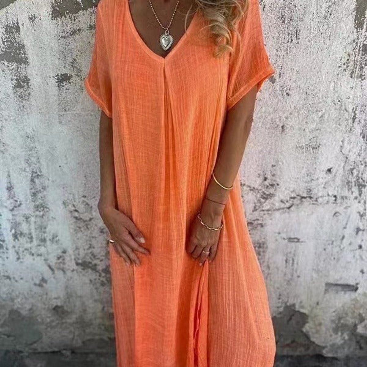 Women's Relaxed V-Neck Short Sleeve Flowy Maxi Dress - Orange