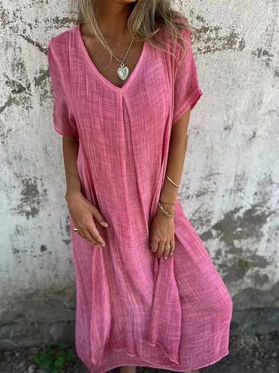 Women's Relaxed V-Neck Short Sleeve Flowy Maxi Dress - Pink