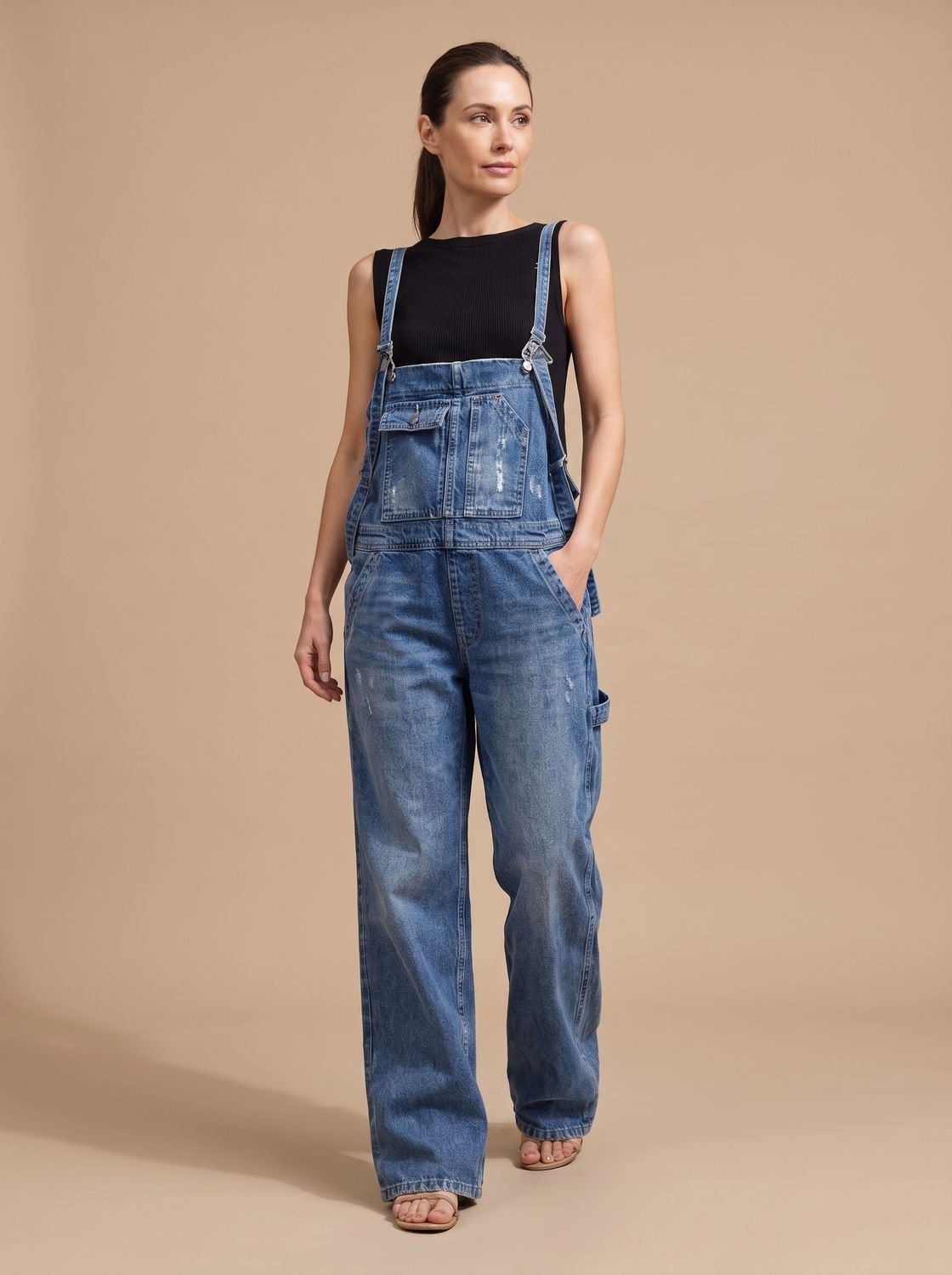 Women's Relaxed Wide-Leg Denim Overalls Full-Length - Blue