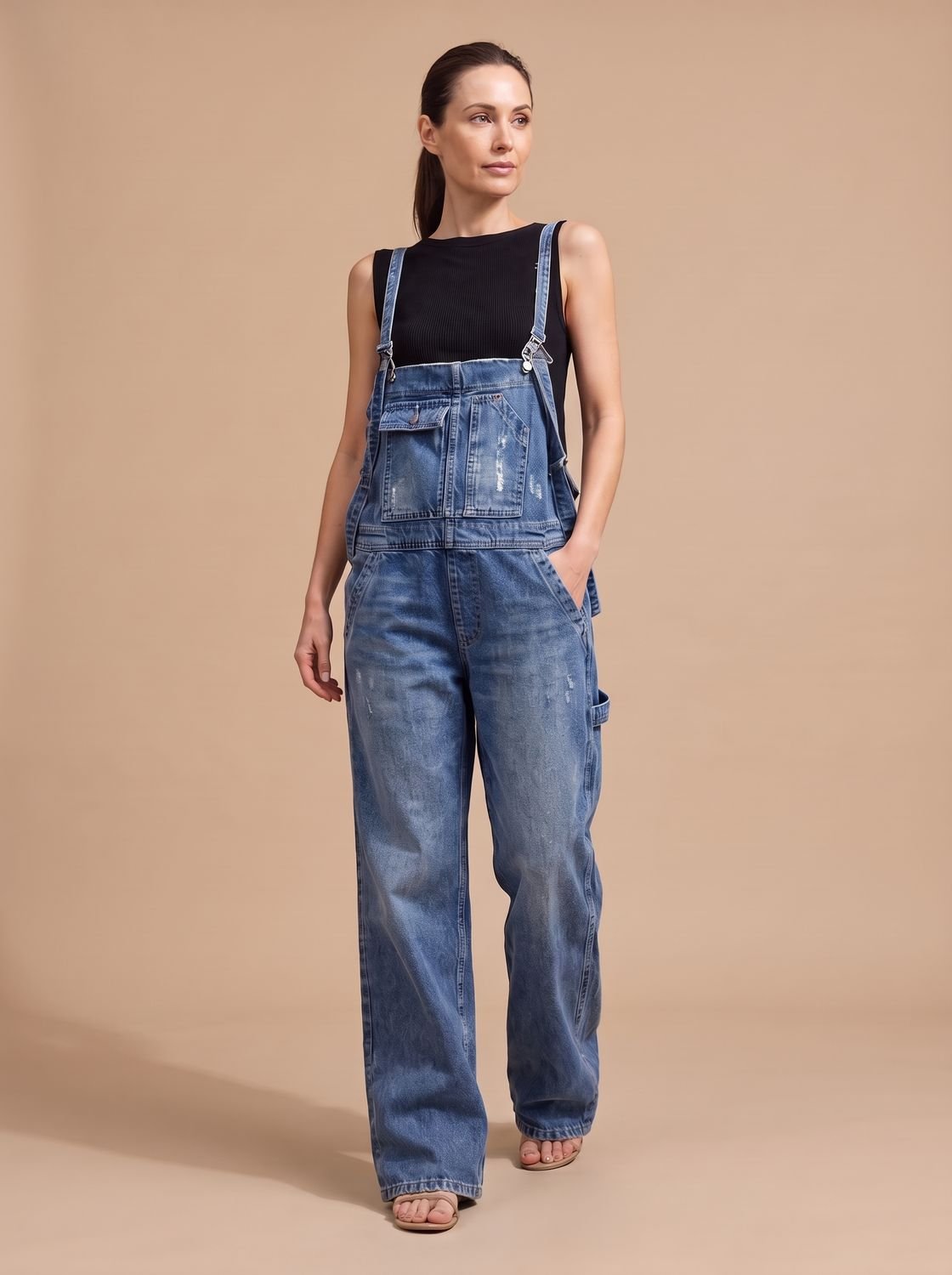 Women's Relaxed Wide-Leg Denim Overalls Full-Length