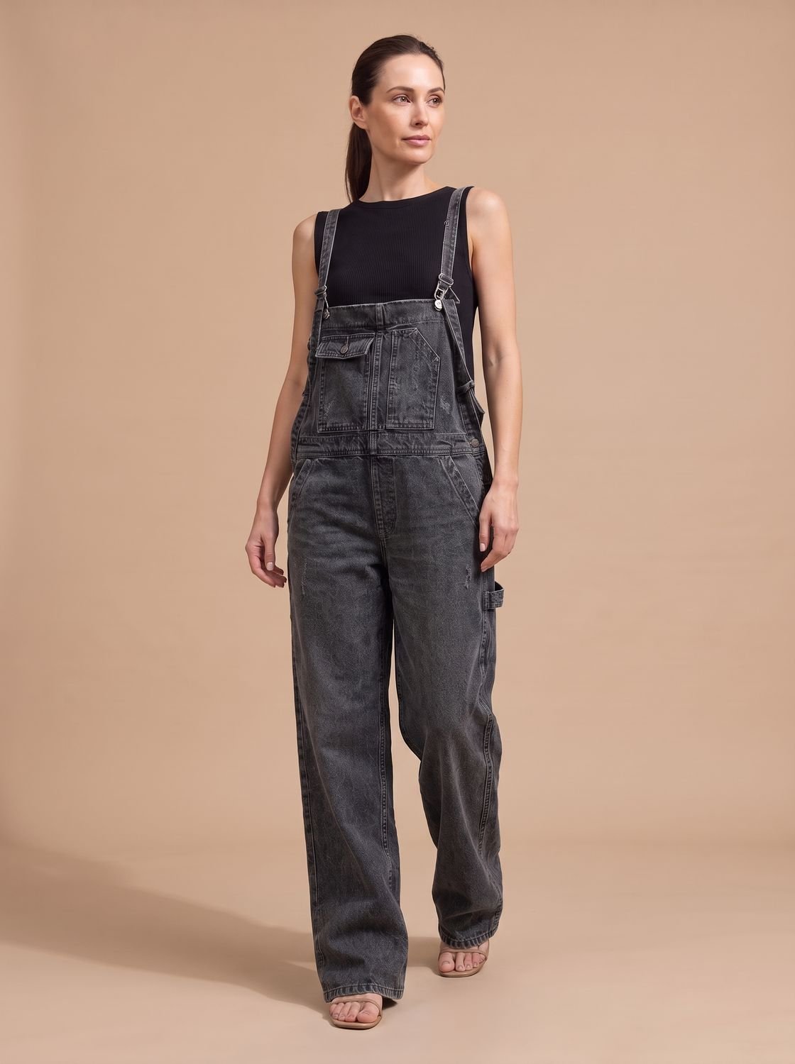 Women's Relaxed Wide-Leg Denim Overalls Full-Length - Black