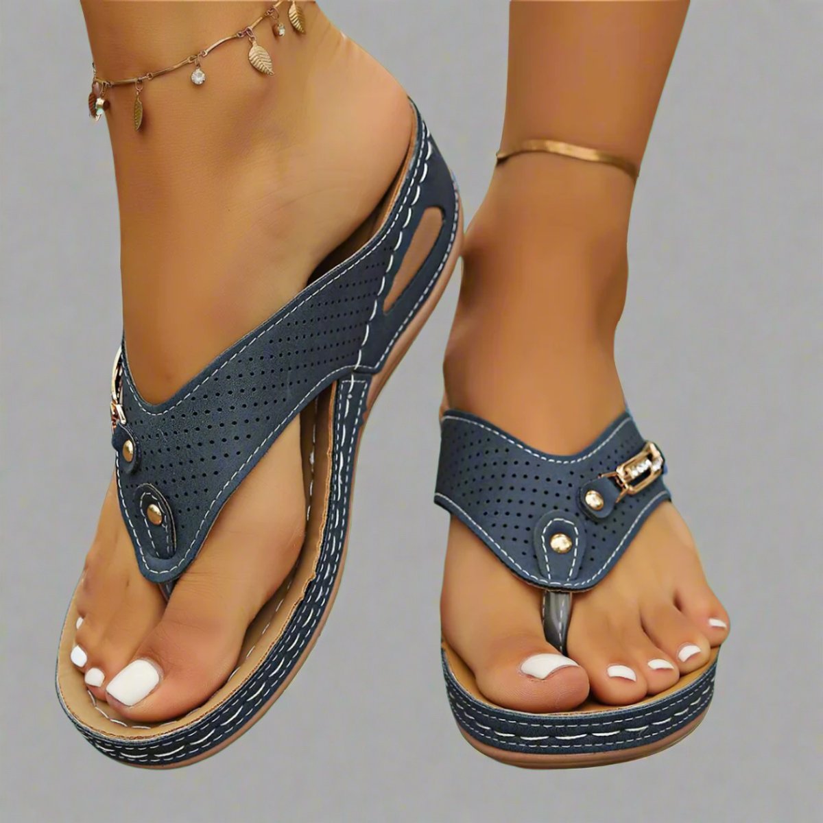 Women's Retro Arch-Support Comfort Sandals Perforated Wedge Thongs - Blue