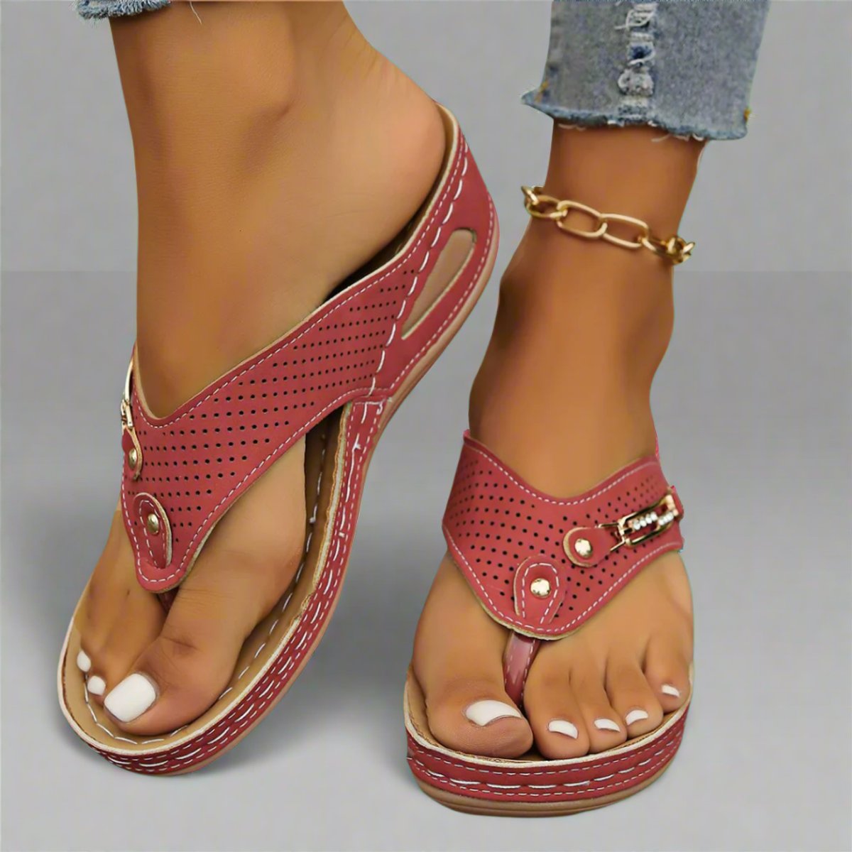 Women's Retro Arch-Support Comfort Sandals Perforated Wedge Thongs - Red