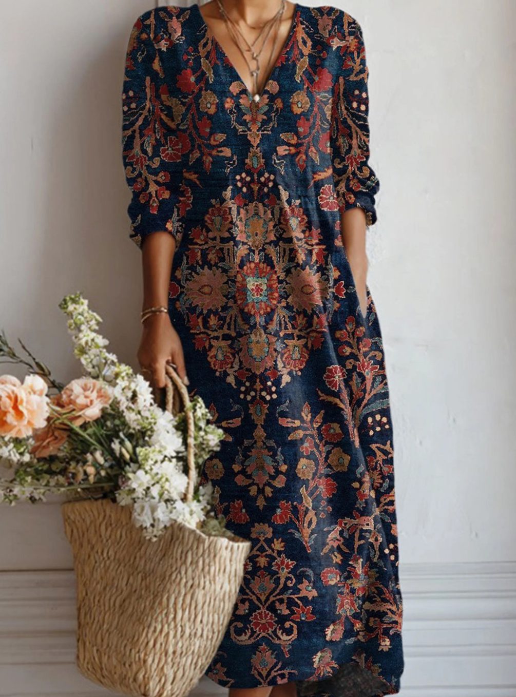 Women's Retro Floral Long Sleeve Relaxed Day Dress - Multicolor