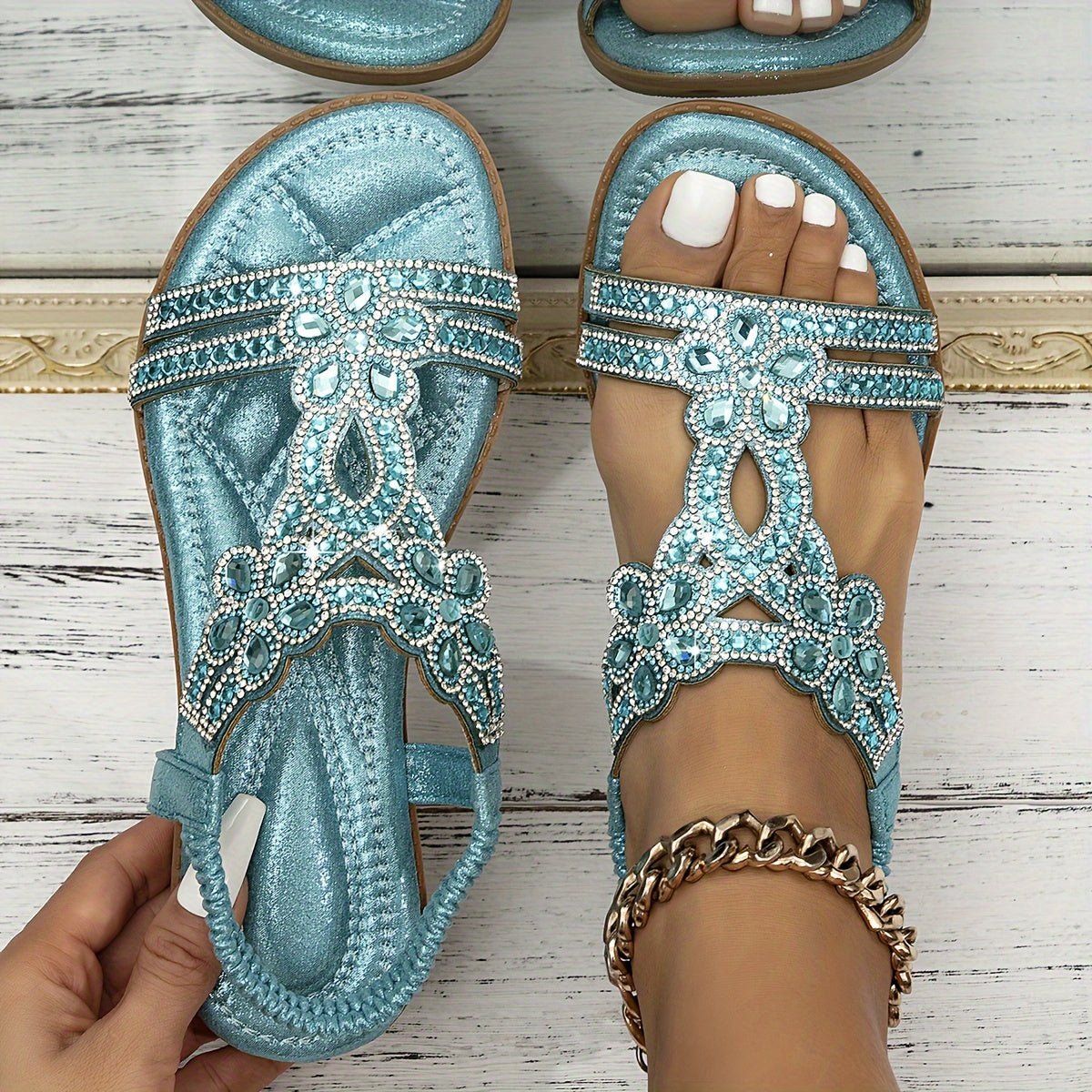 Women's Rhinestone Embellished Boho Comfort Sandals Flat Slip-On