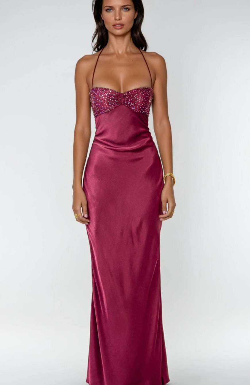Women's Rhinestone-Embellished Halter-Neck Satin Maxi Dress - Violet