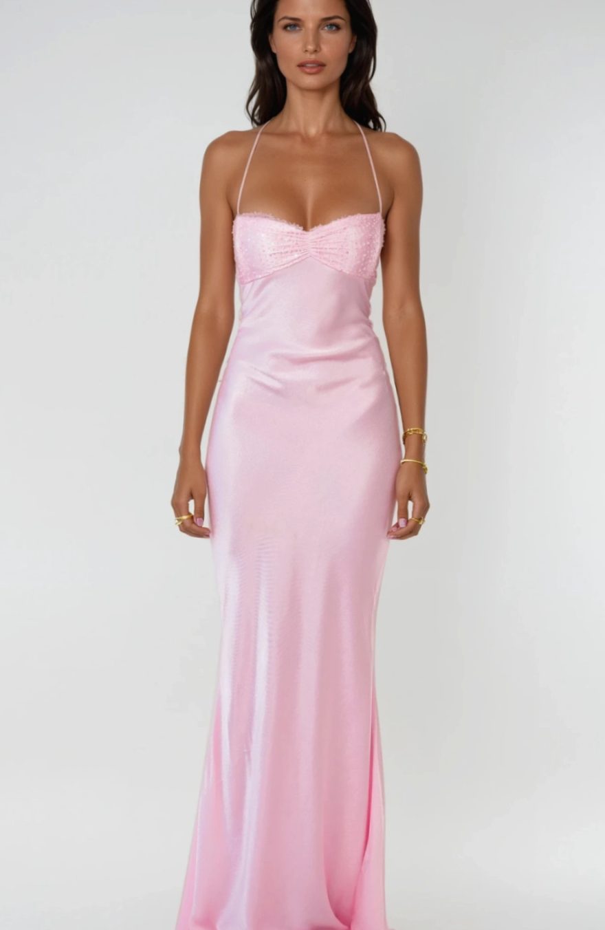 Women's Rhinestone-Embellished Halter-Neck Satin Maxi Dress - Light Pink Rose
