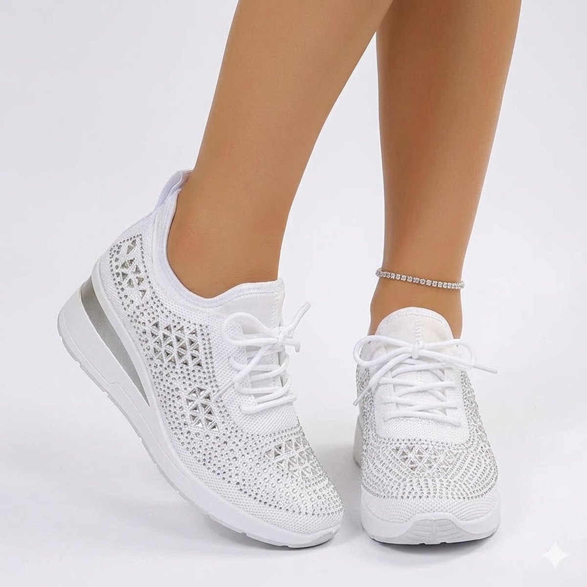 Women's Rhinestone Knit Platform Comfort Sneakers Lace-Up - White