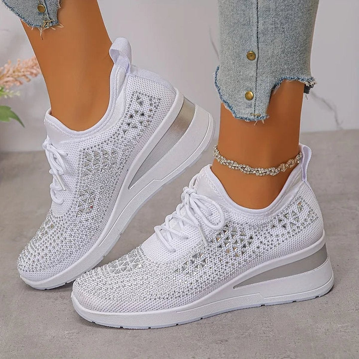 Women's Rhinestone Knit Platform Comfort Sneakers Lace-Up