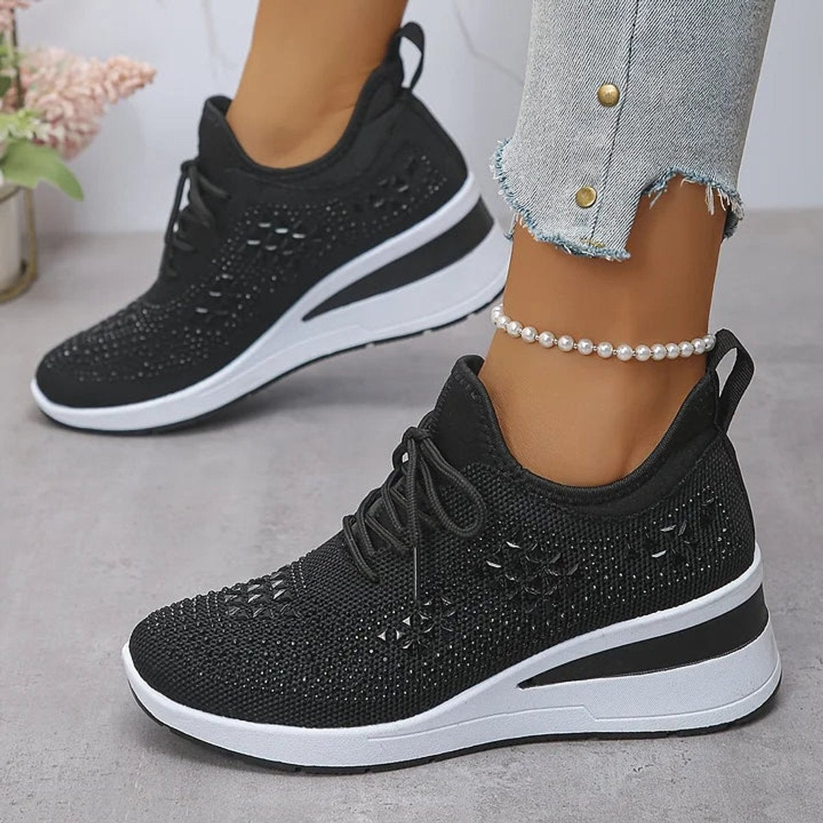 Women's Rhinestone Knit Platform Comfort Sneakers Lace-Up