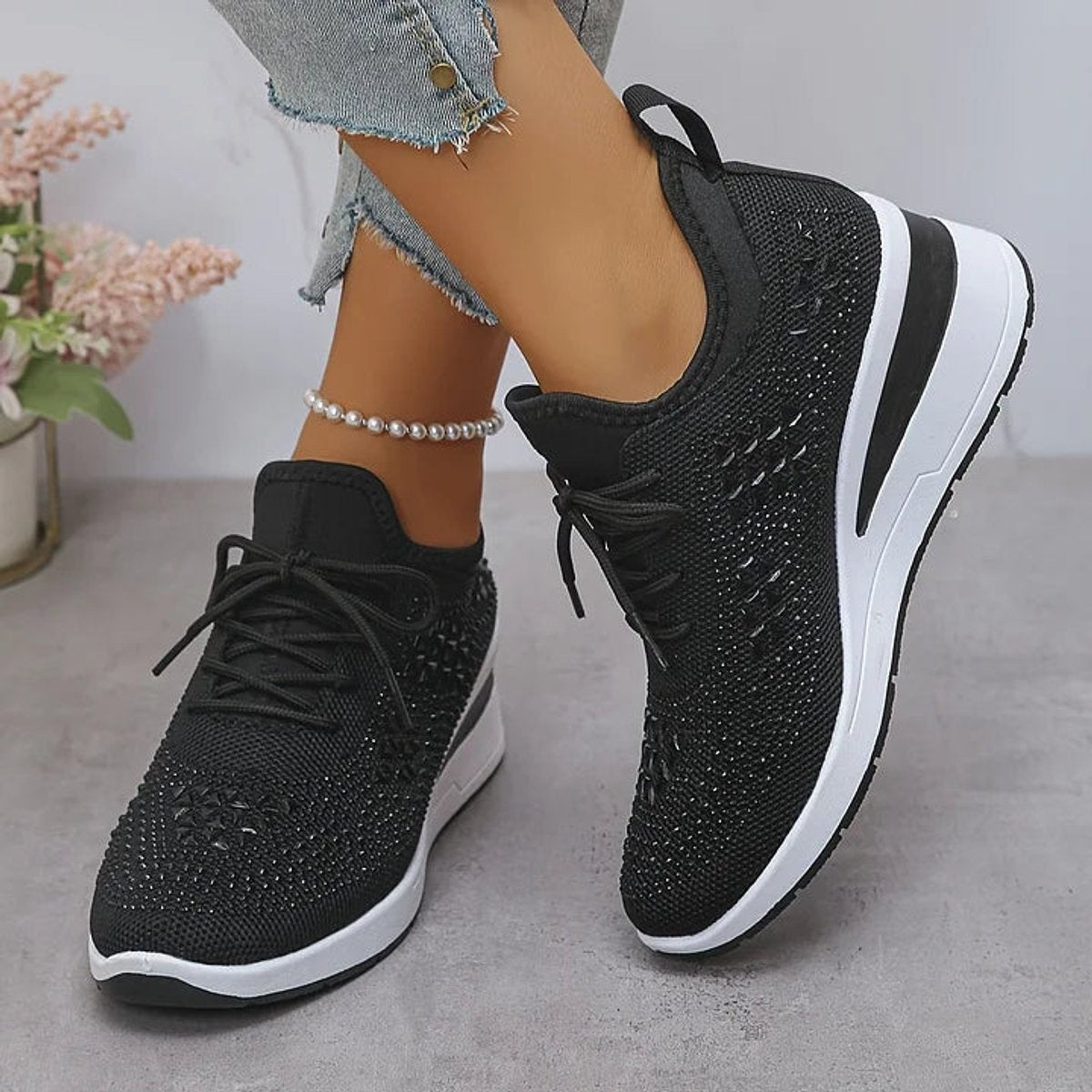 Women's Rhinestone Knit Platform Comfort Sneakers Lace-Up