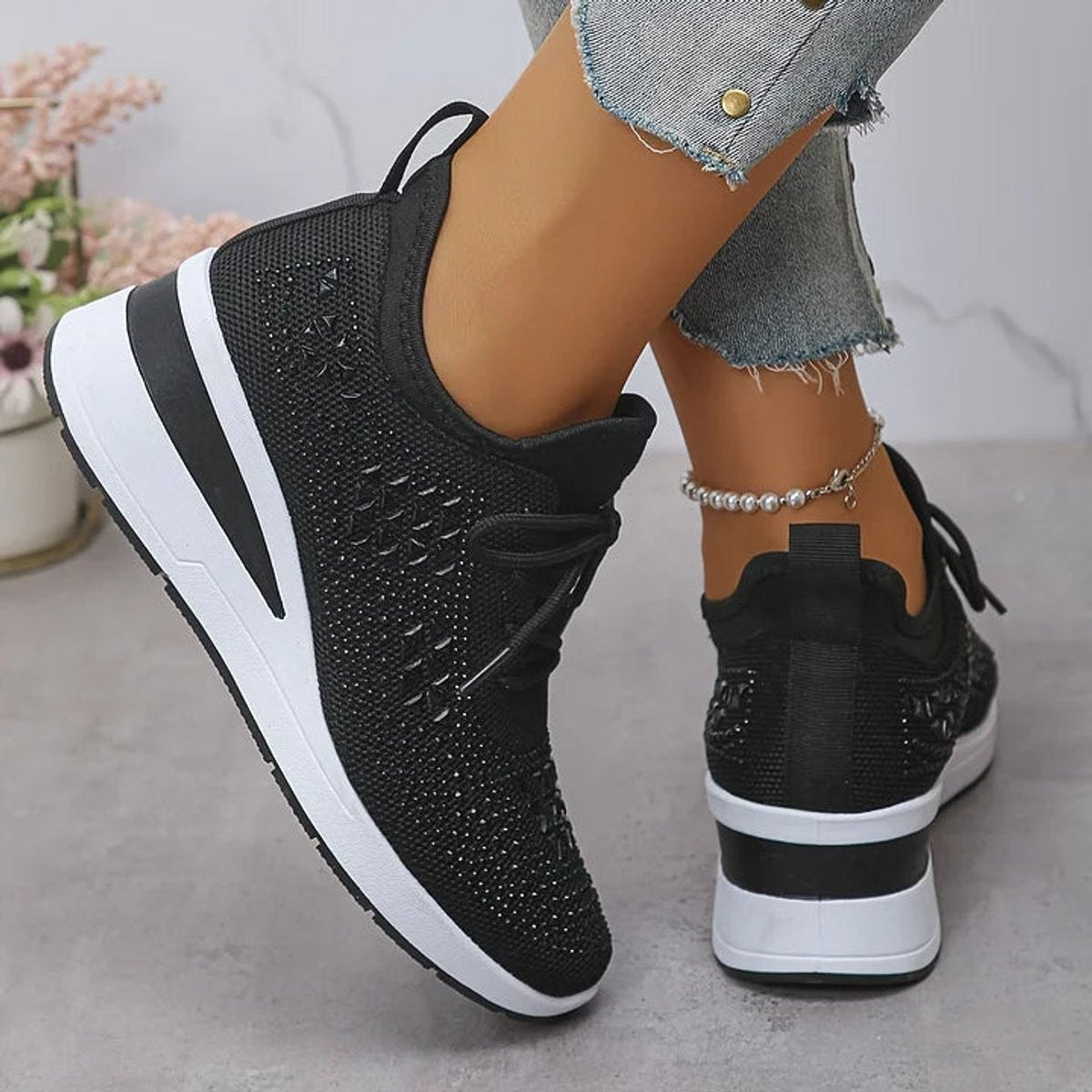 Women's Rhinestone Knit Platform Comfort Sneakers Lace-Up