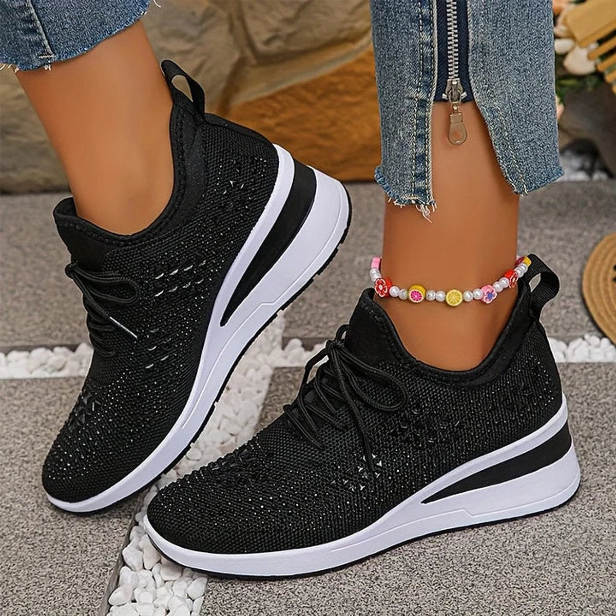 Women's Rhinestone Knit Platform Comfort Sneakers Lace-Up - Black