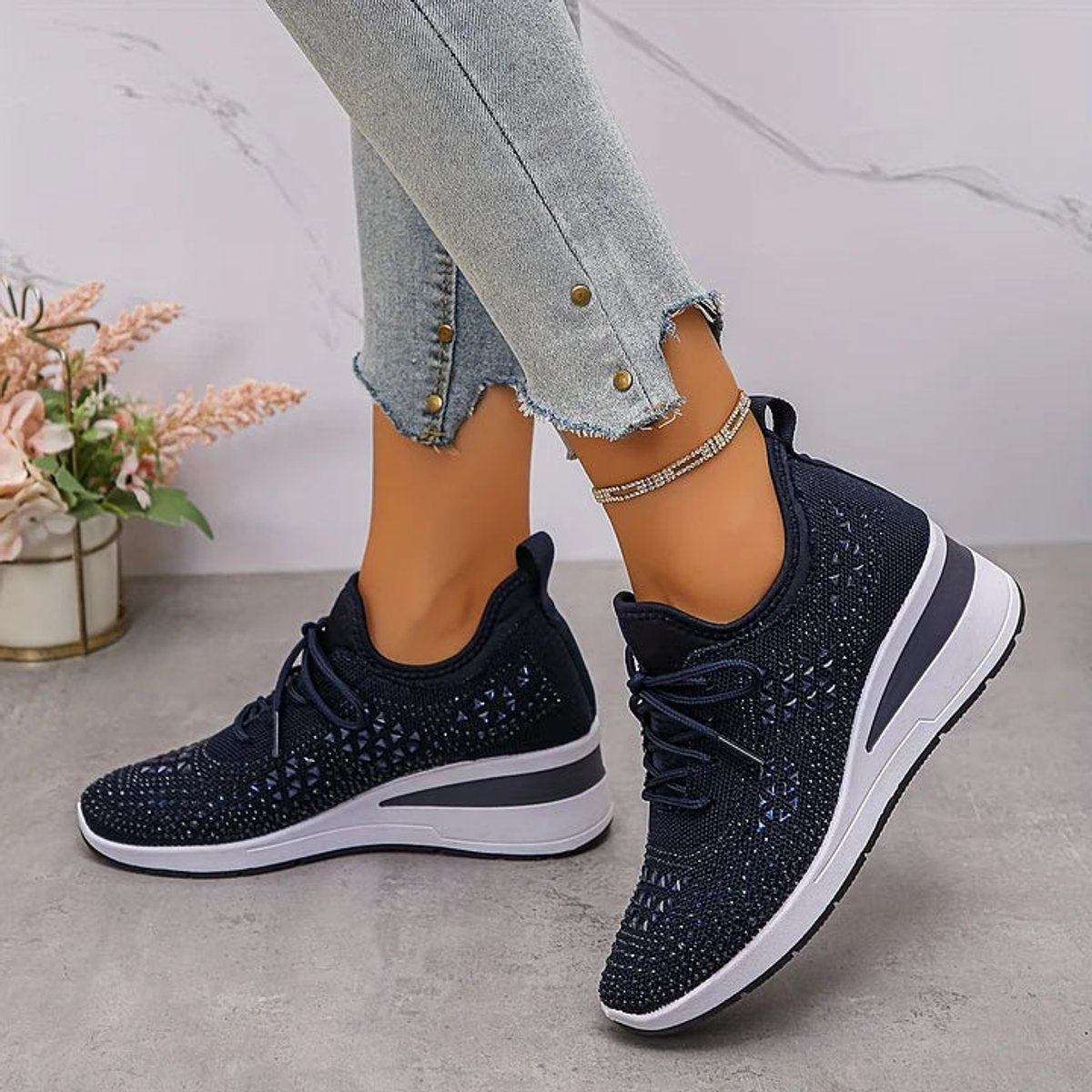 Women's Rhinestone Knit Platform Comfort Sneakers Lace-Up - Dark Blue