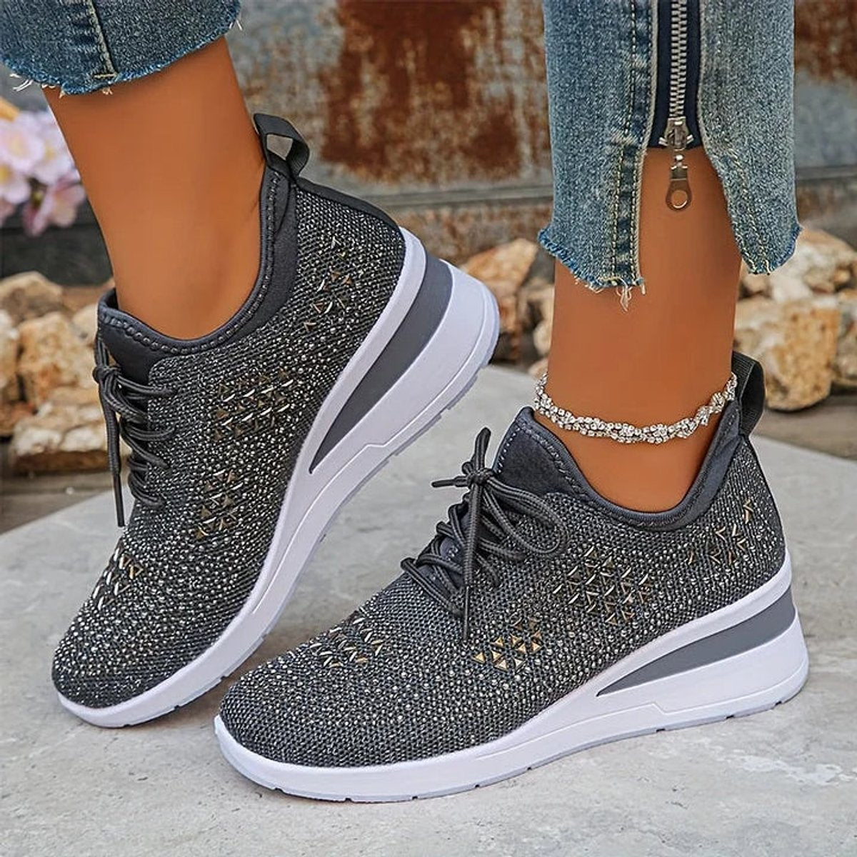 Women's Rhinestone Knit Platform Comfort Sneakers Lace-Up - Grey