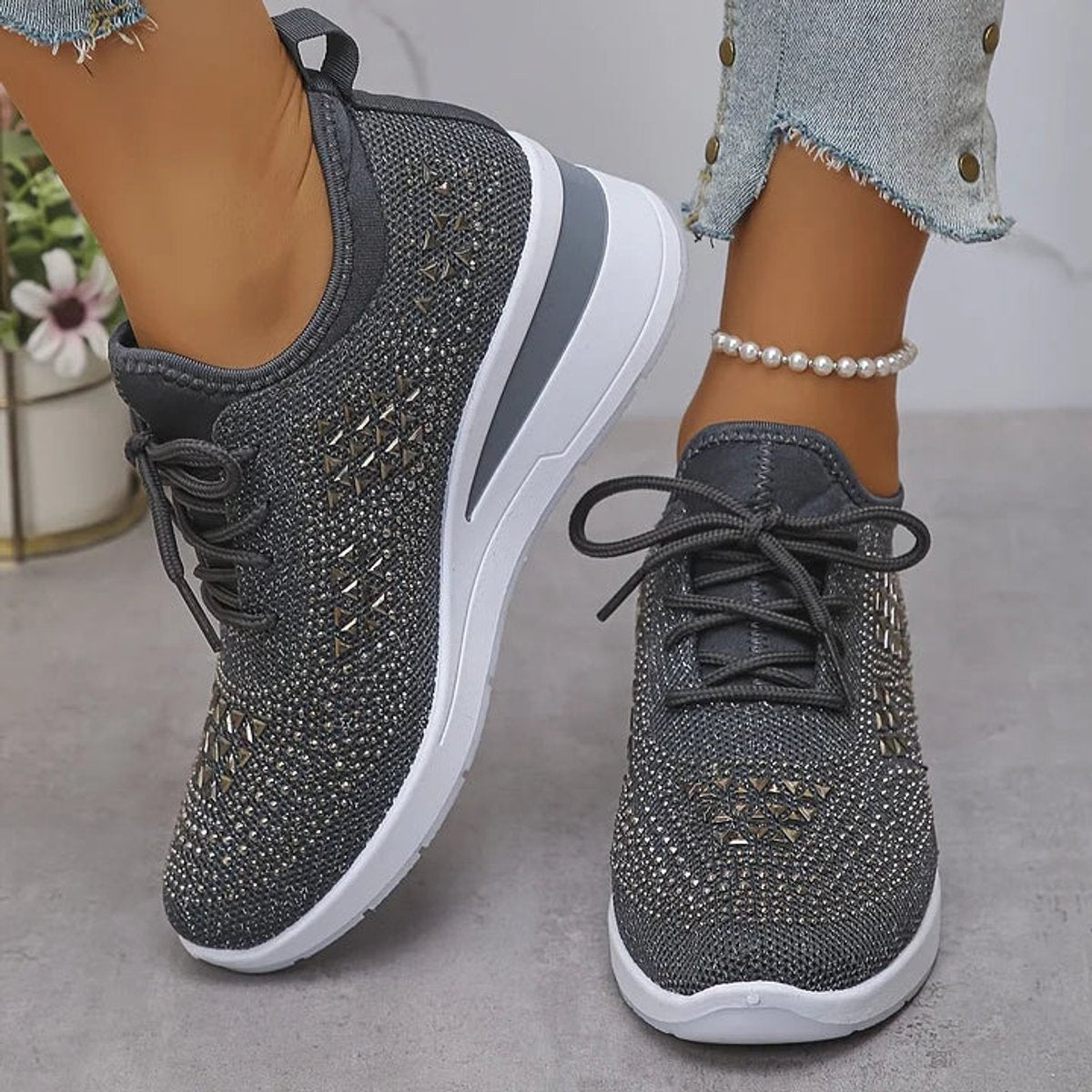 Women's Rhinestone Knit Platform Comfort Sneakers Lace-Up