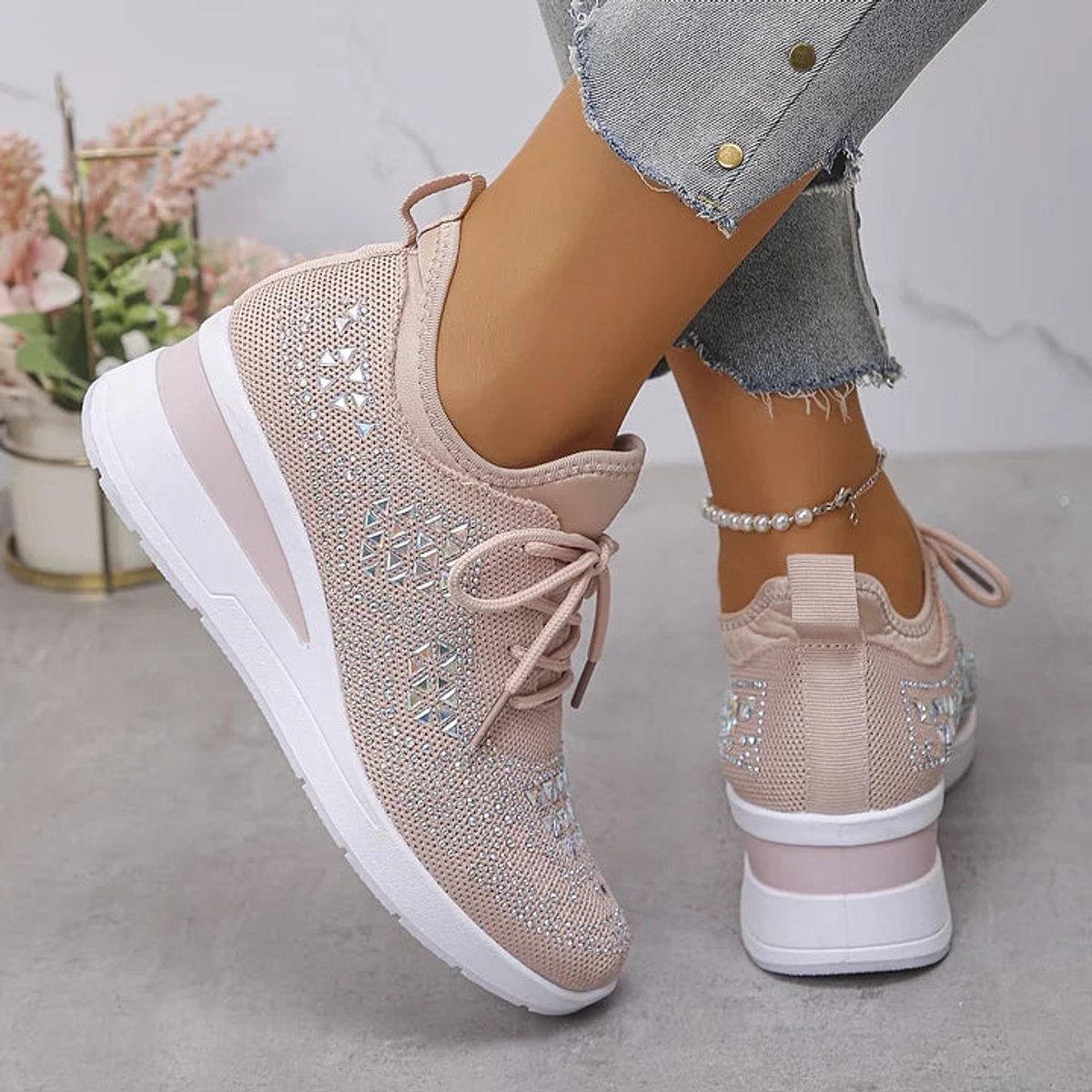 Women's Rhinestone Knit Platform Comfort Sneakers Lace-Up