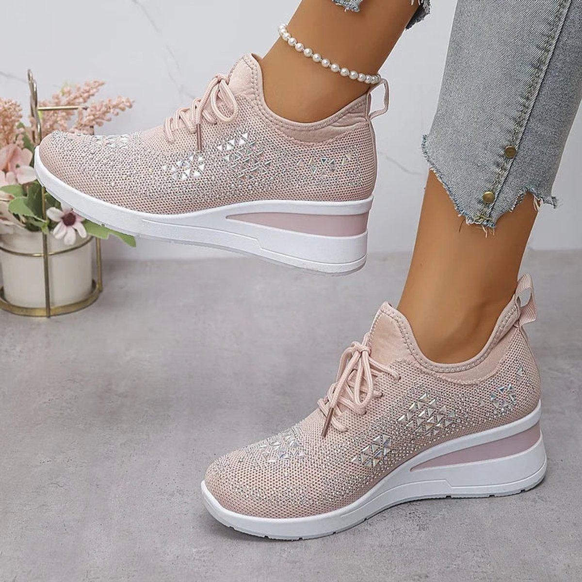 Women's Rhinestone Knit Platform Comfort Sneakers Lace-Up