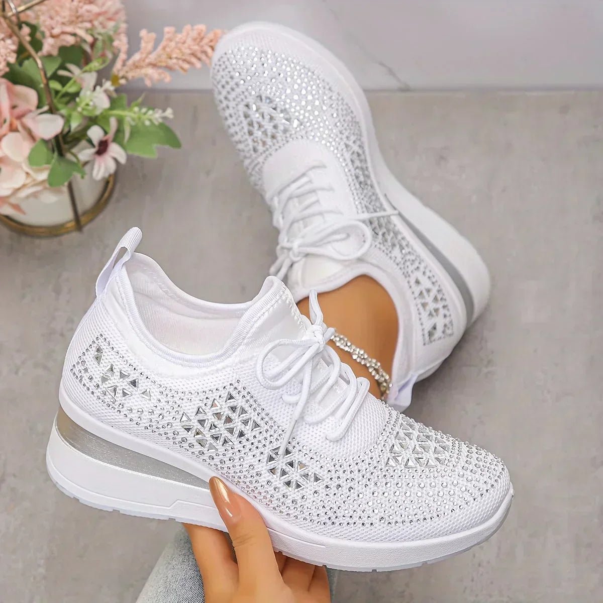Women's Rhinestone Knit Platform Comfort Sneakers Lace-Up