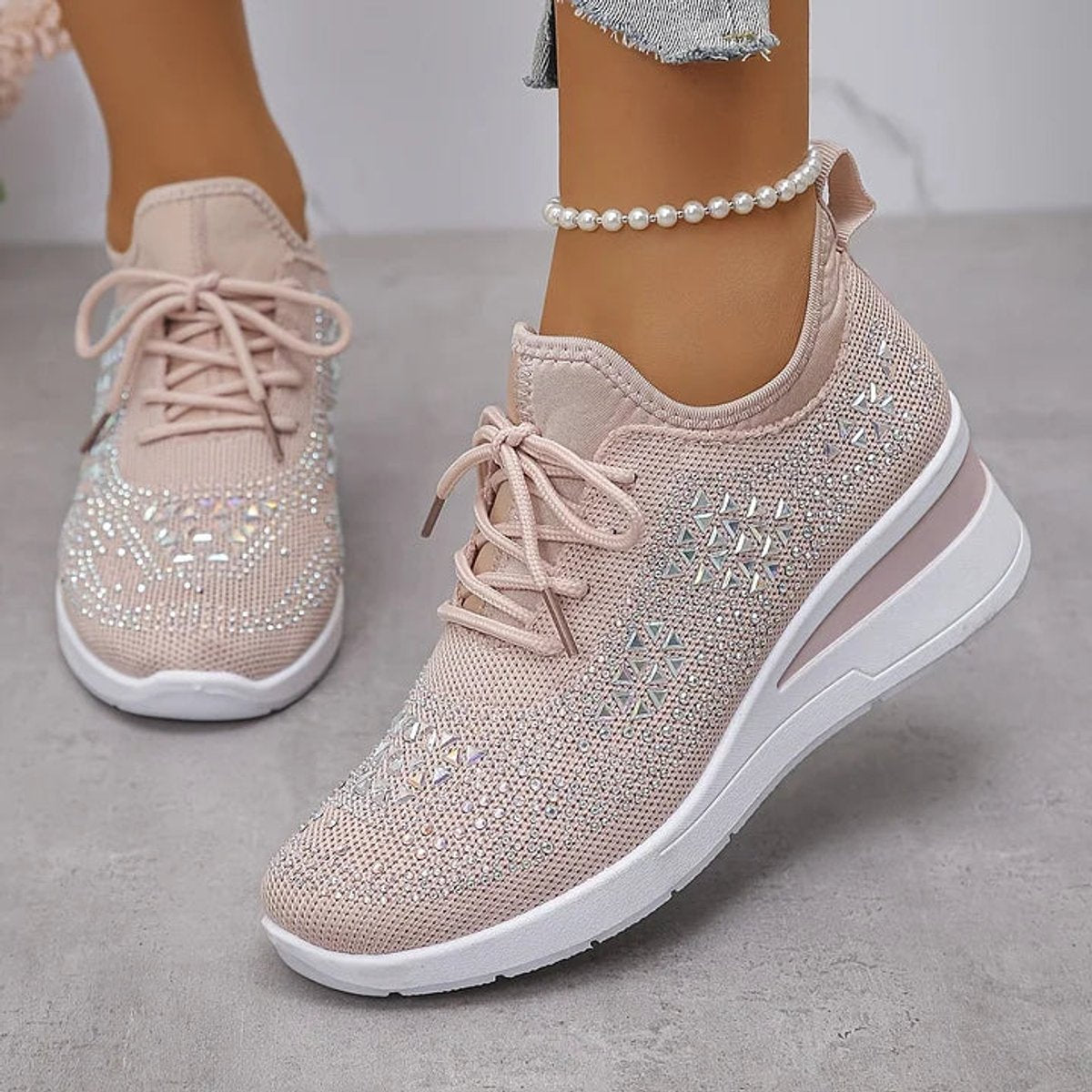 Women's Rhinestone Knit Platform Comfort Sneakers Lace-Up