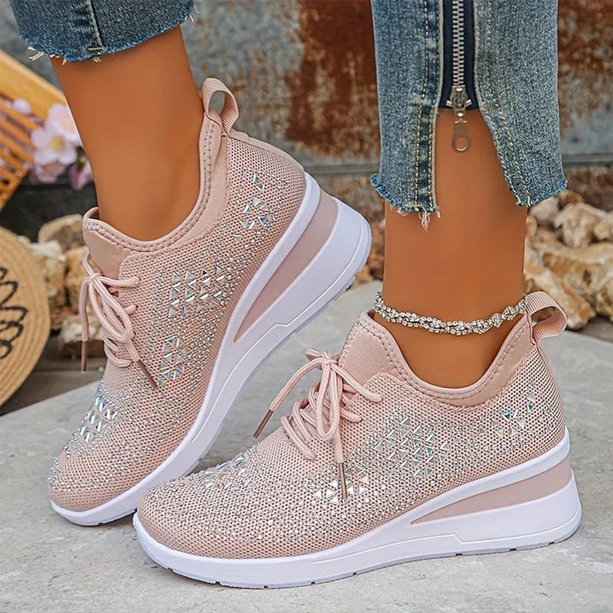 Women's Rhinestone Knit Platform Comfort Sneakers Lace-Up