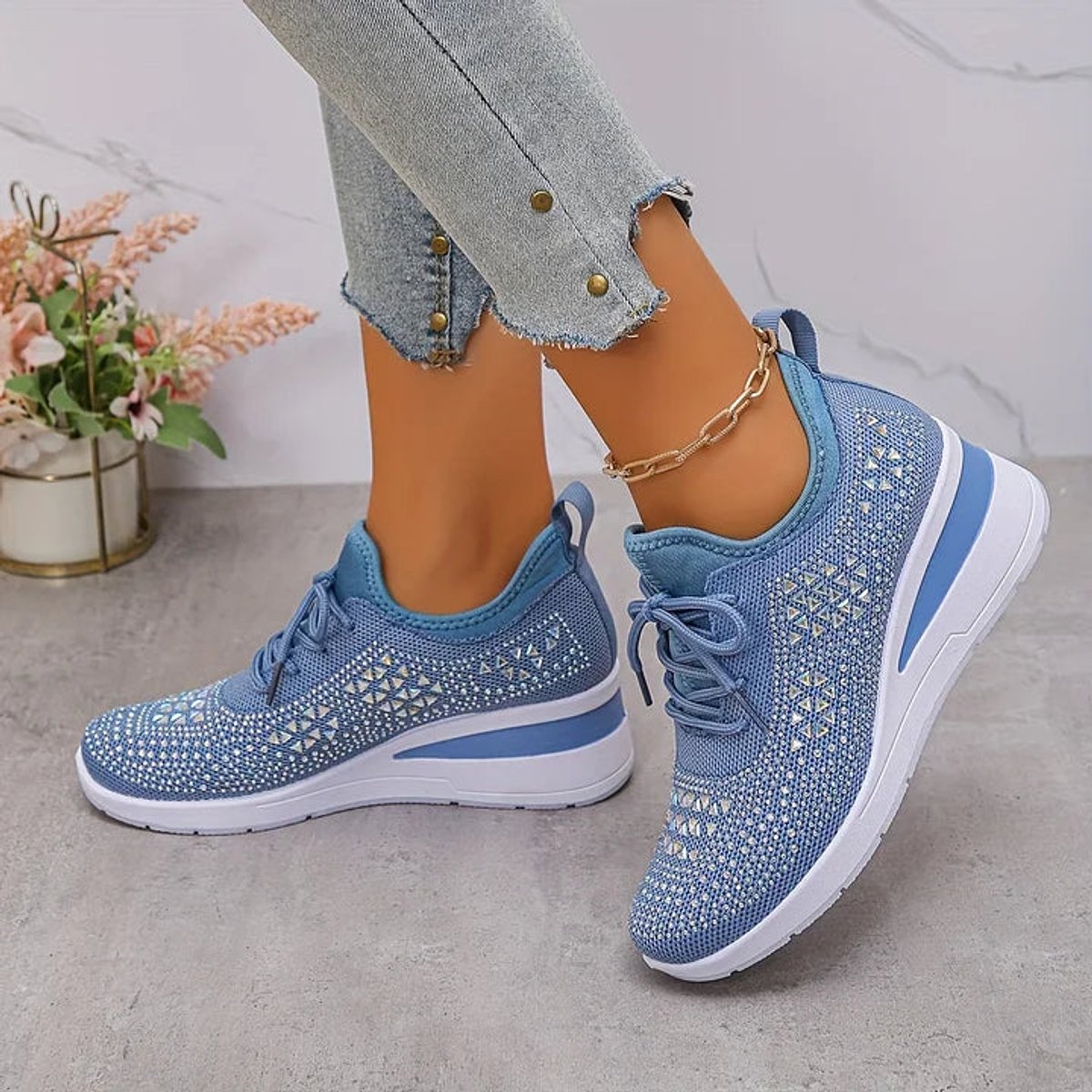 Women's Rhinestone Knit Platform Comfort Sneakers Lace-Up