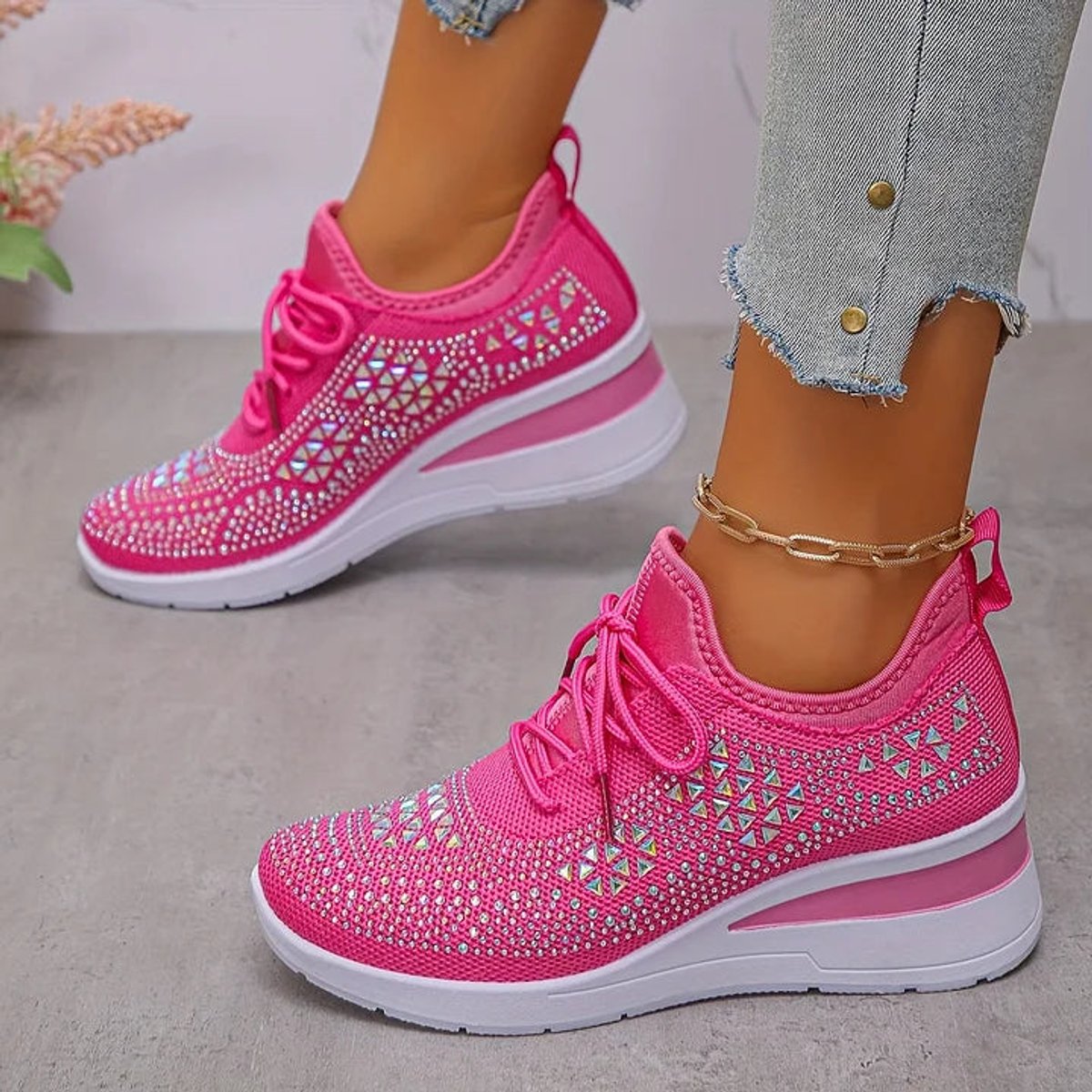 Women's Rhinestone Knit Platform Comfort Sneakers Lace-Up - Pink