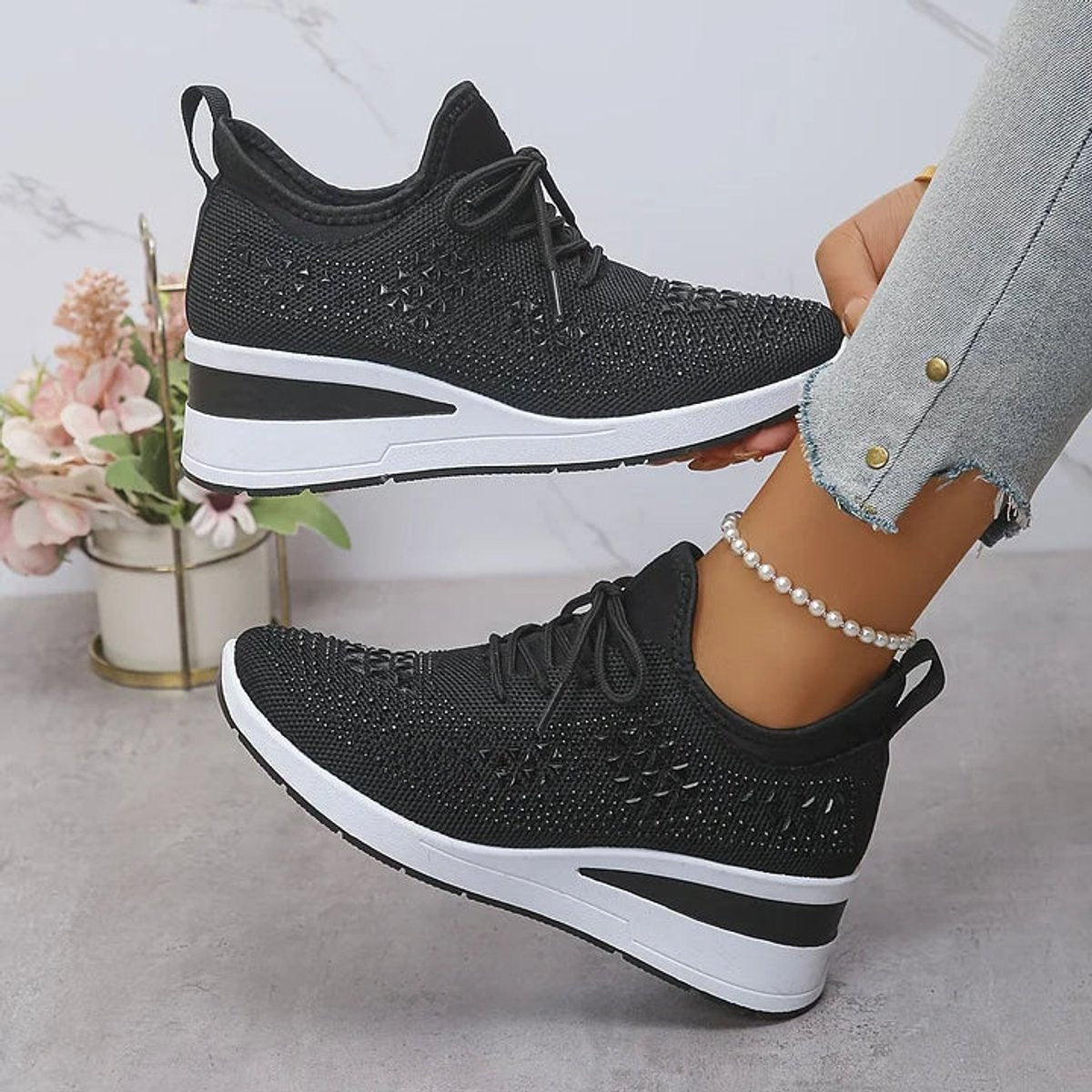 Women's Rhinestone Knit Platform Comfort Sneakers Lace-Up