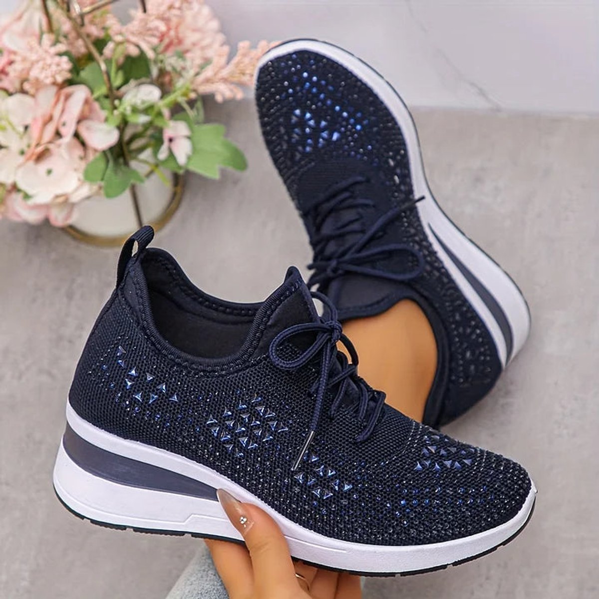 Women's Rhinestone Knit Platform Comfort Sneakers Lace-Up
