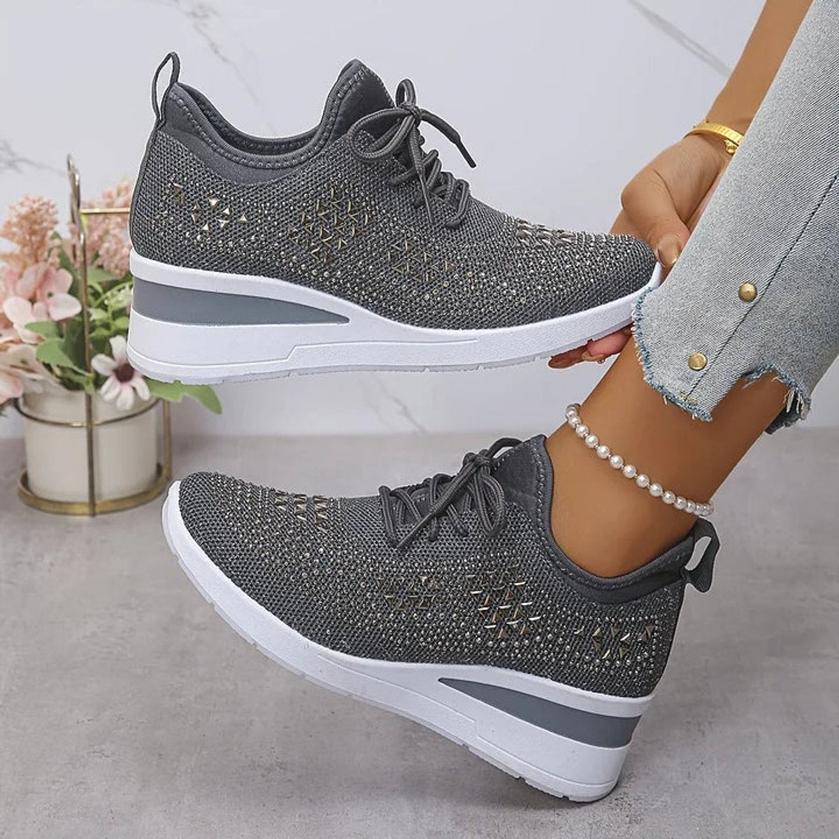 Women's Rhinestone Knit Platform Comfort Sneakers Lace-Up