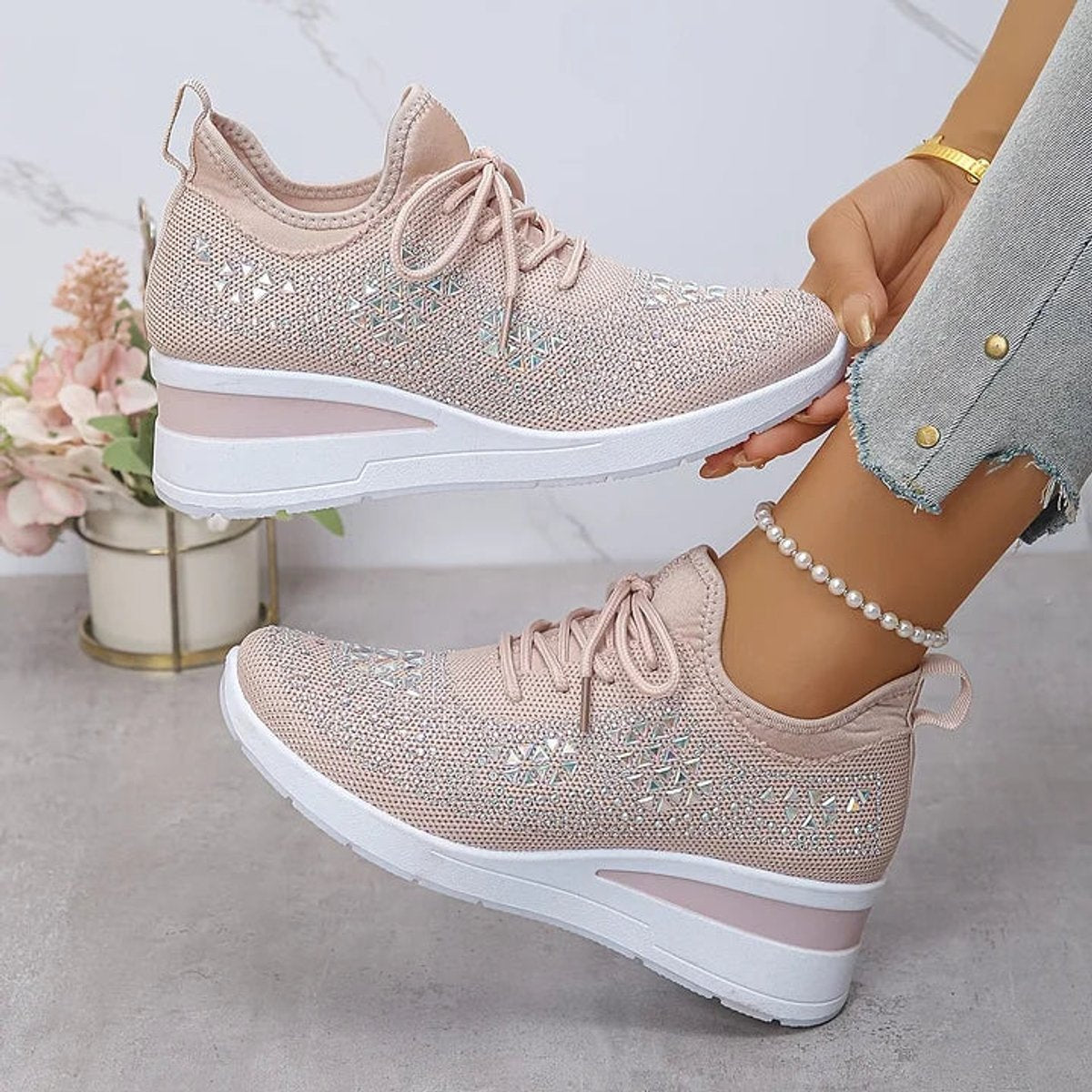 Women's Rhinestone Knit Platform Comfort Sneakers Lace-Up