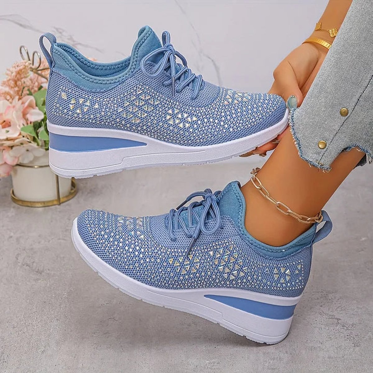 Women's Rhinestone Knit Platform Comfort Sneakers Lace-Up