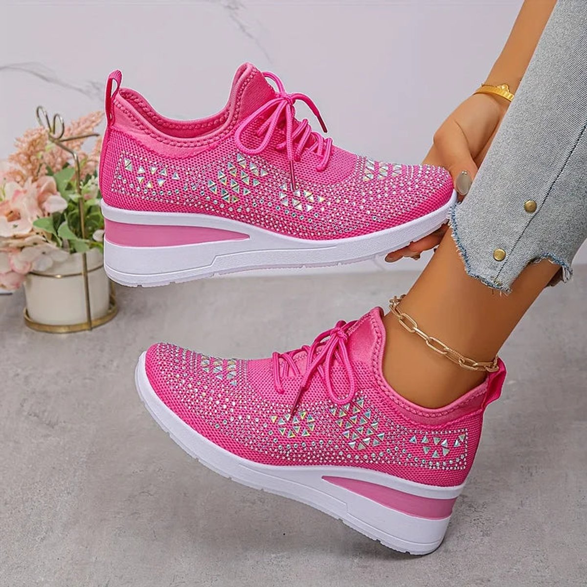 Women's Rhinestone Knit Platform Comfort Sneakers Lace-Up