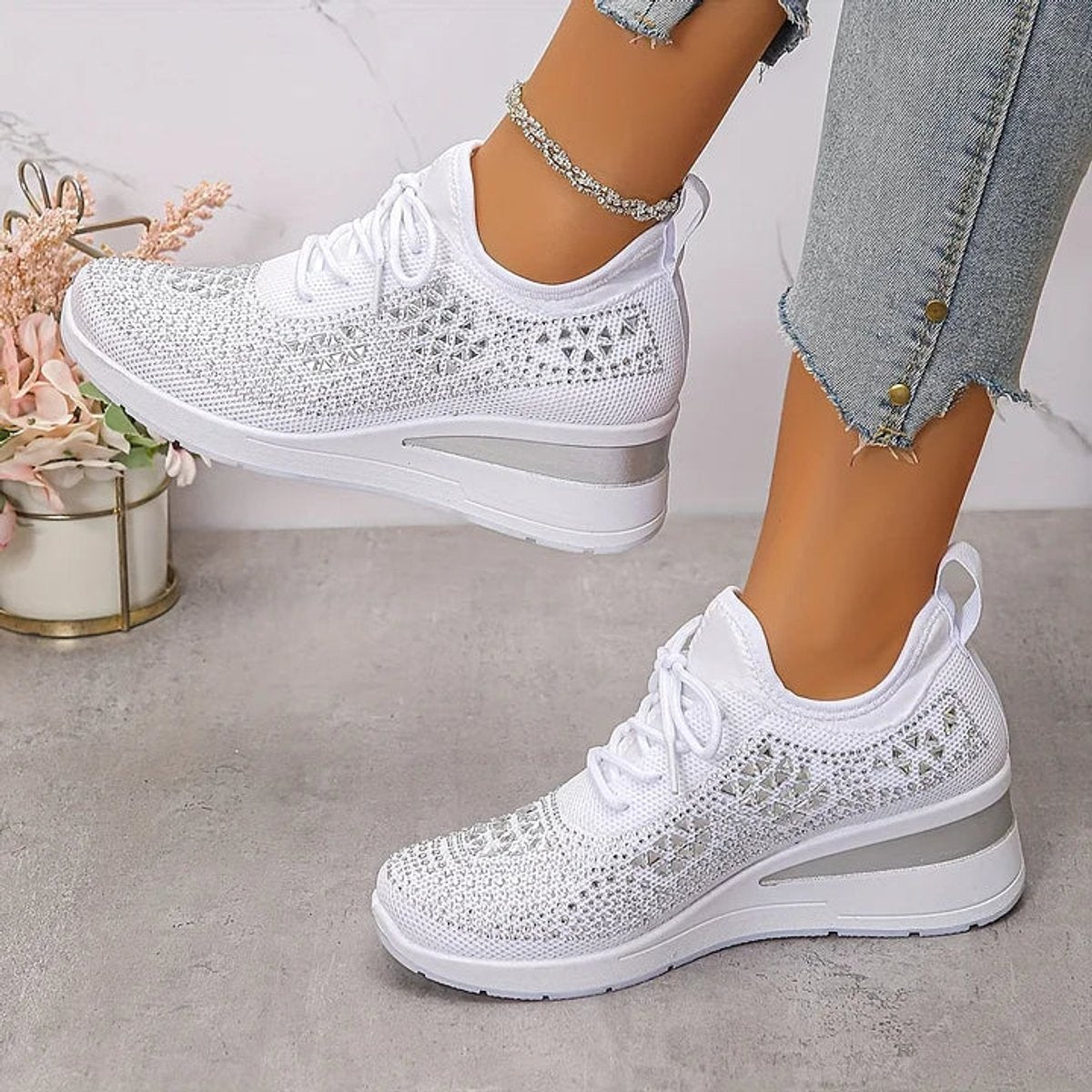 Women's Rhinestone Knit Platform Comfort Sneakers Lace-Up
