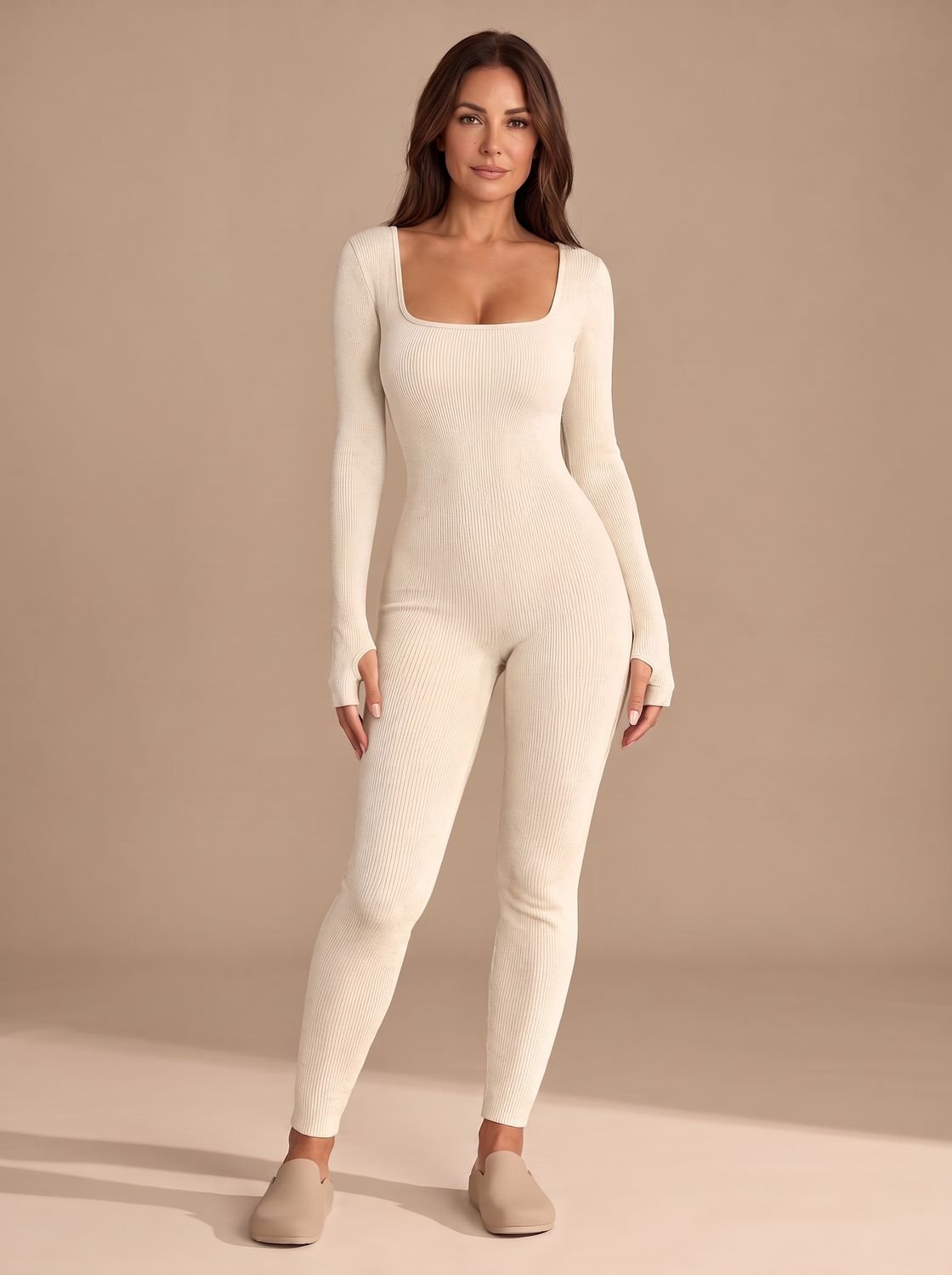 Women's Ribbed Square-Neck Long-Sleeve Fitted Jumpsuit