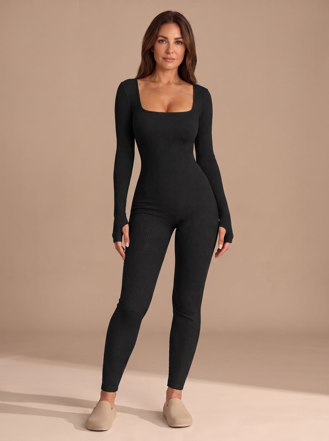 Women's Ribbed Square-Neck Long-Sleeve Fitted Jumpsuit - Black