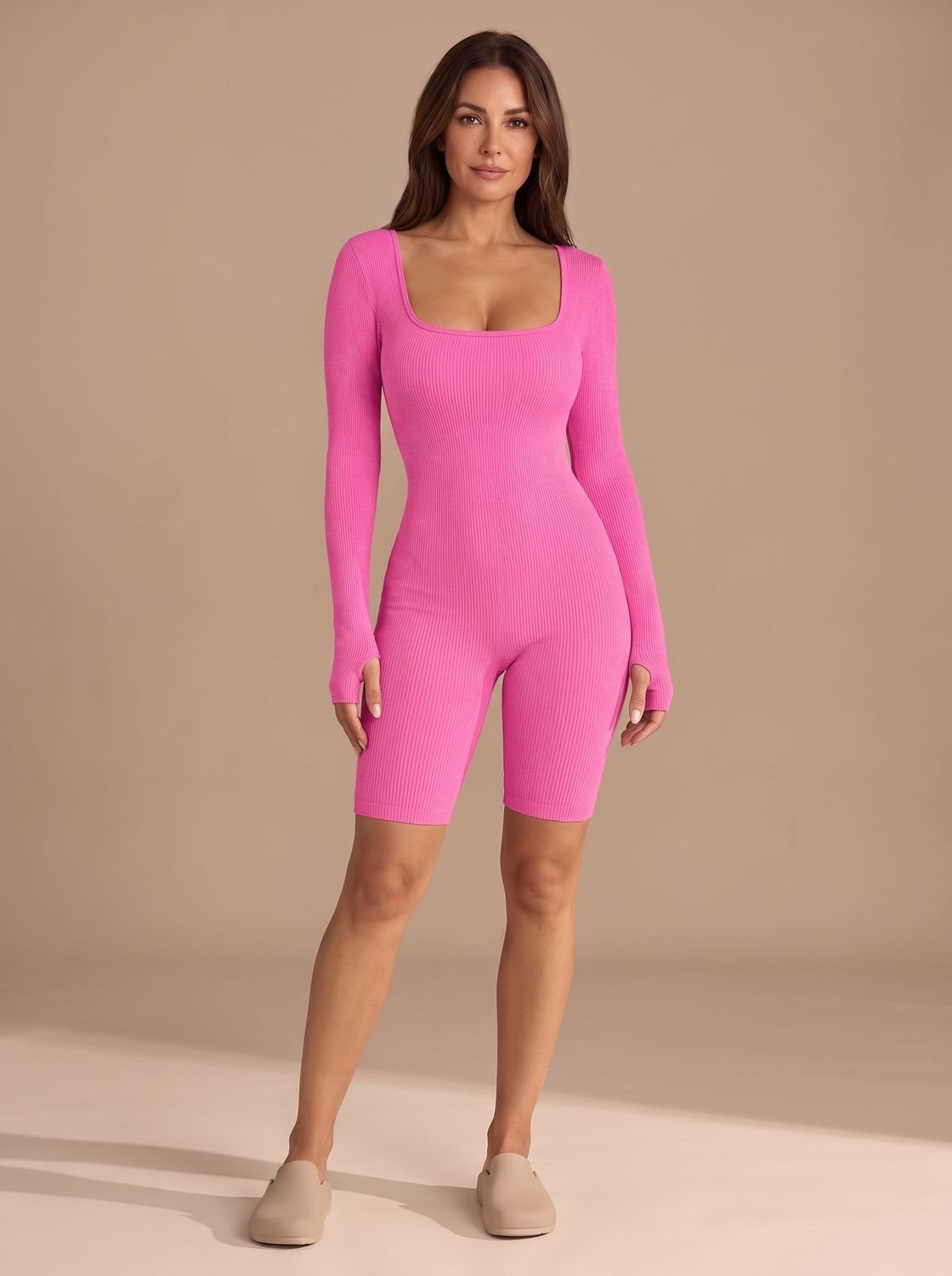Women's Ribbed Square-Neck Long-Sleeve Fitted Jumpsuit - Pink