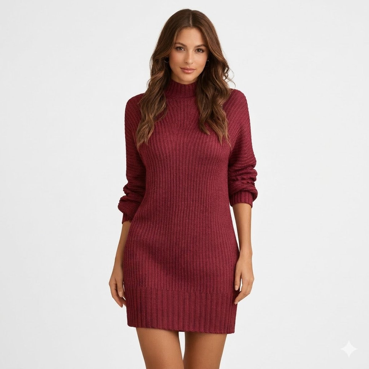 Women's Ribbed Turtleneck Knit Mini Summer Dress Jumpsuit Alternative - Burgundy